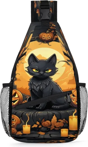 Cat Pumpkin Lamp Sling Bag for Women Men Crossbody Sling Backpack Anti Thief Travel Chest Backpack for Hiking Traveling Leisure