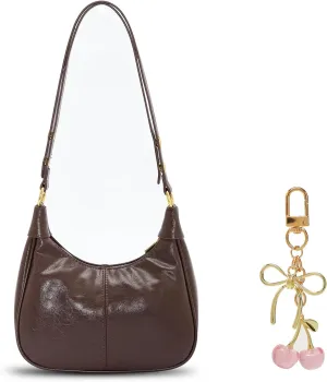 celestina Brown Crescent Shoulder Bag with Pink Cherry Keychain – Vegan Leather Mini Tote & Cute Charm Set for Women, Ideal for Dates, Shopping, Travel, and Everyday Use
