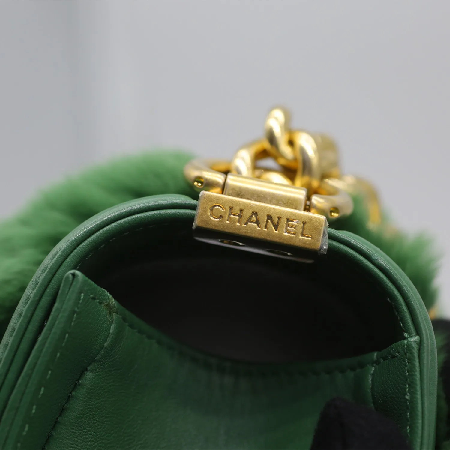 Chanel Medium Boy Flap Bag in Green Rabbit Fur and Lambskin with Gold Hardware