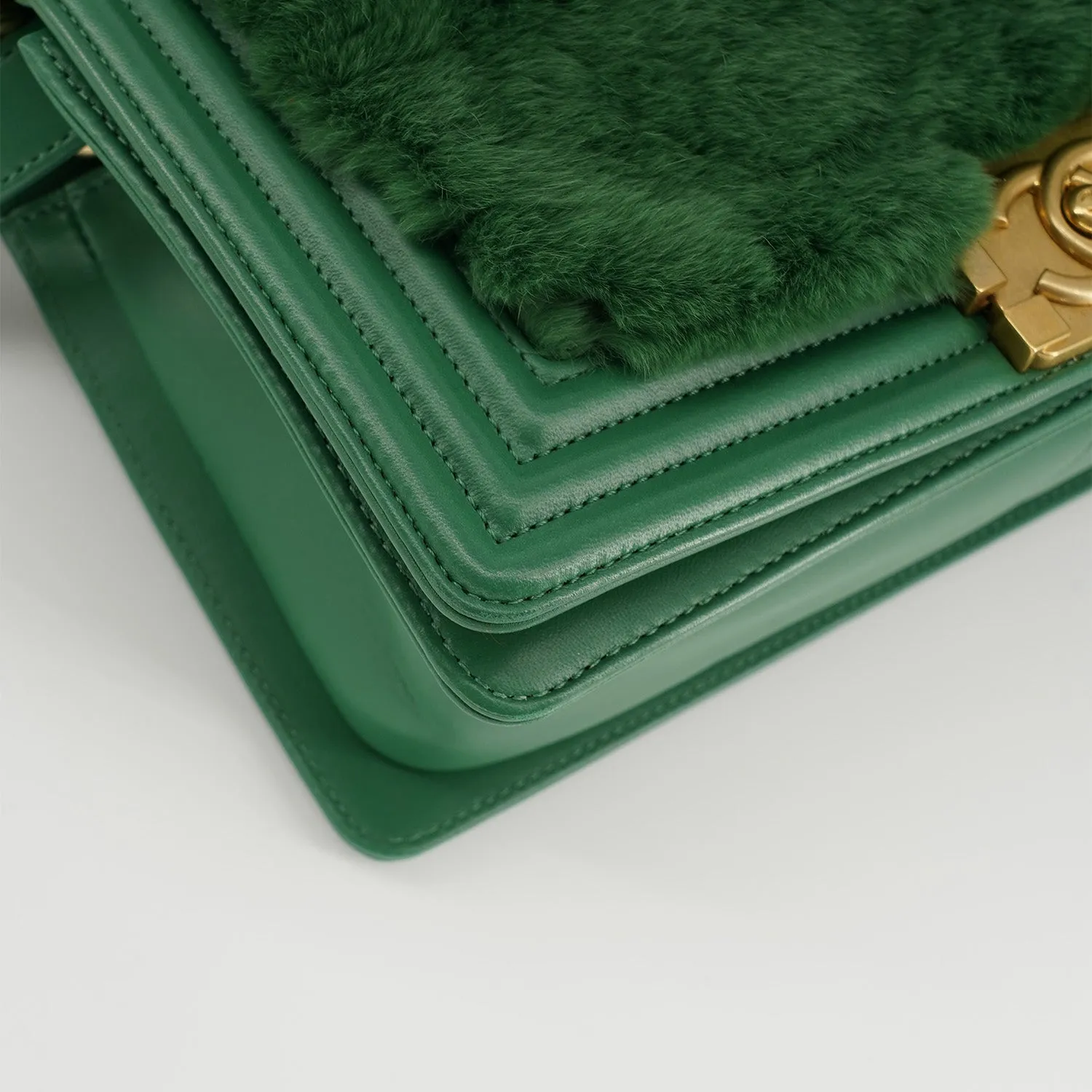 Chanel Medium Boy Flap Bag in Green Rabbit Fur and Lambskin with Gold Hardware