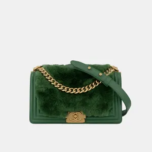 Chanel Medium Boy Flap Bag in Green Rabbit Fur and Lambskin with Gold Hardware