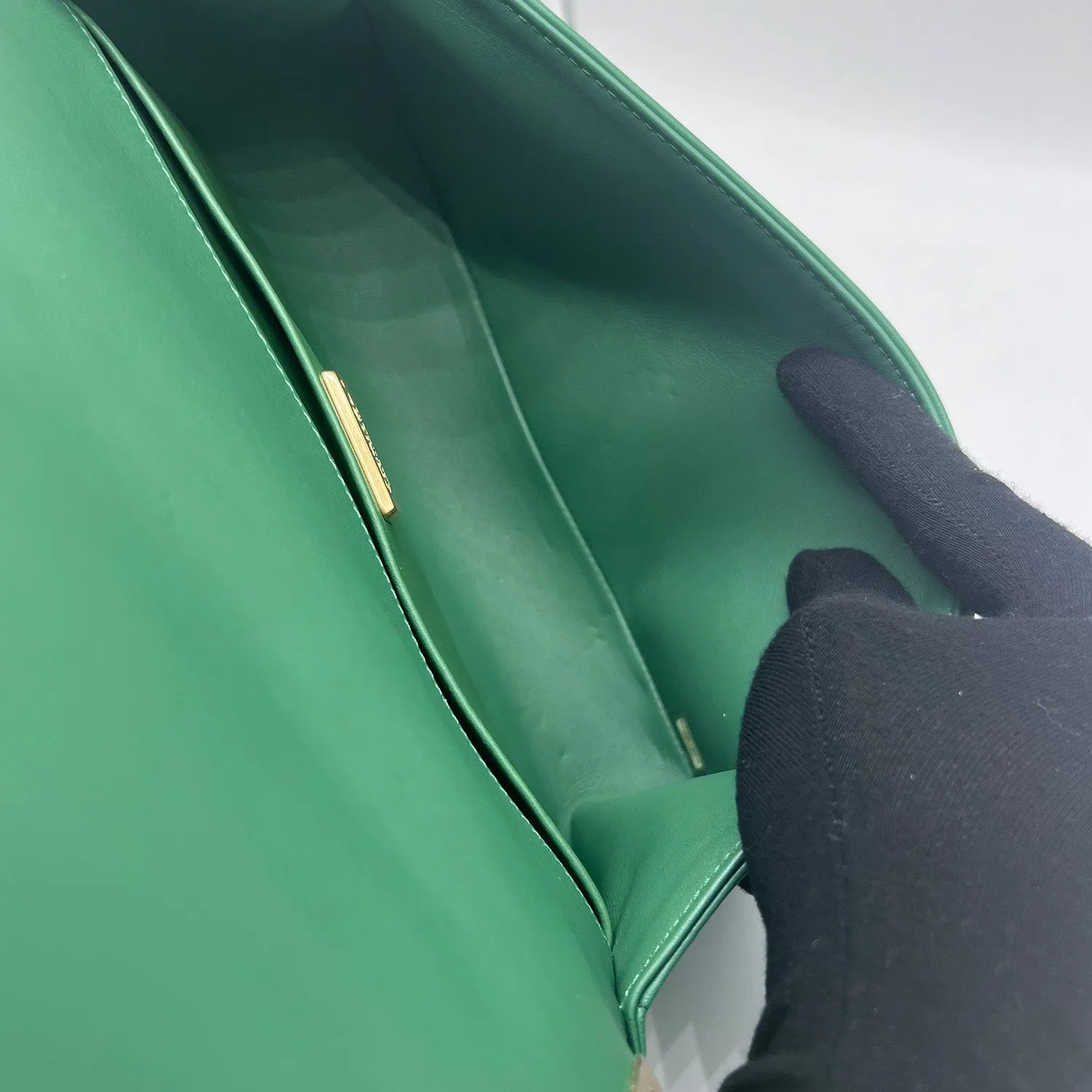 Chanel Medium Boy Flap Bag in Green Rabbit Fur and Lambskin with Gold Hardware