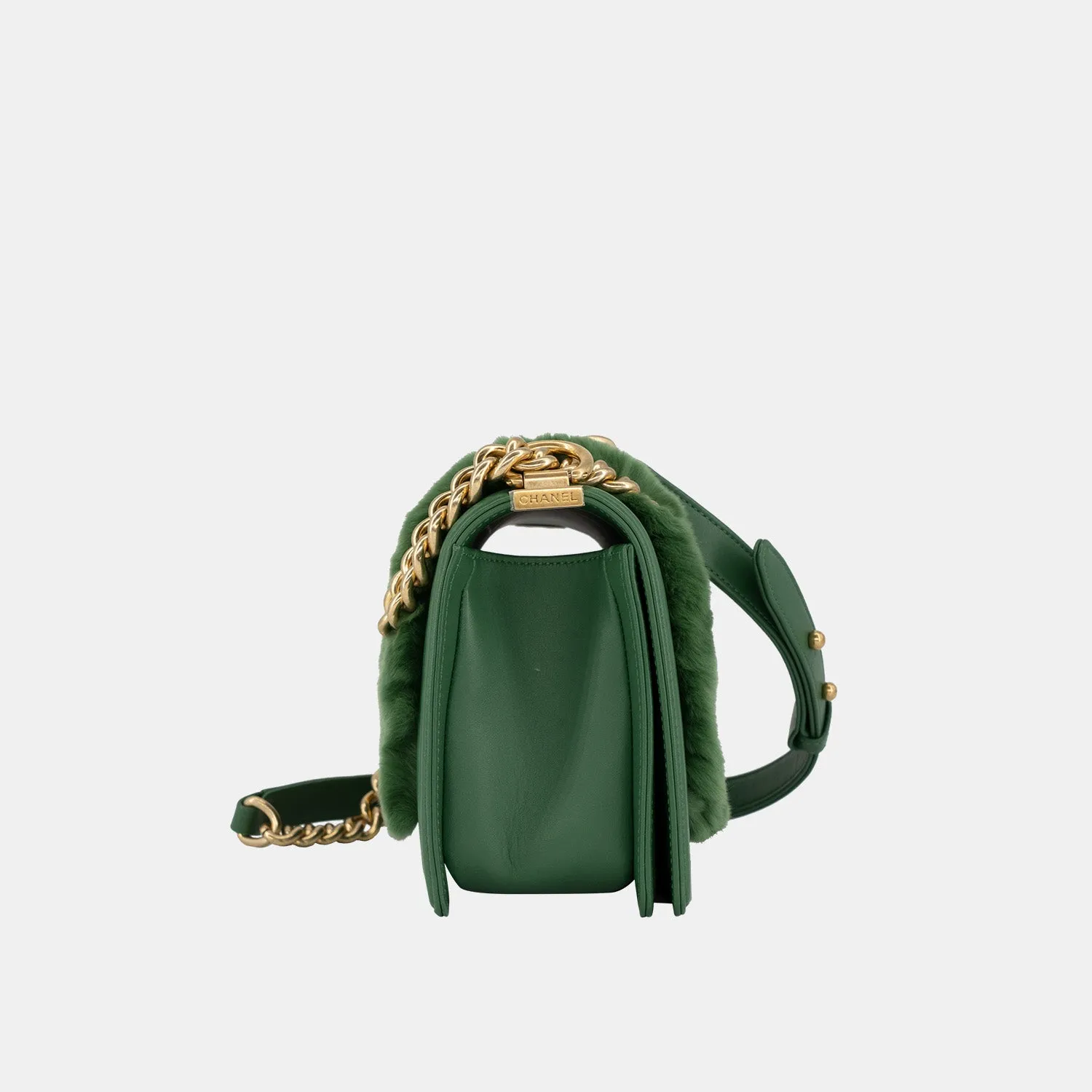 Chanel Medium Boy Flap Bag in Green Rabbit Fur and Lambskin with Gold Hardware