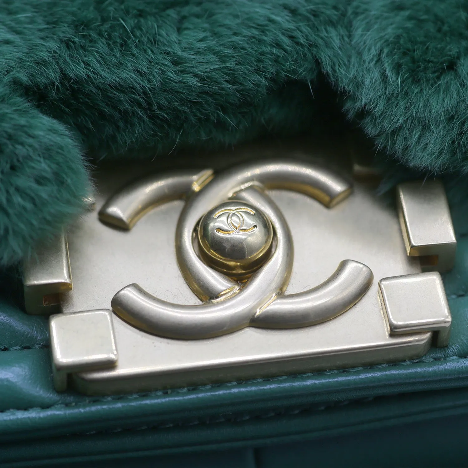 Chanel Medium Boy Flap Bag in Green Rabbit Fur and Lambskin with Gold Hardware