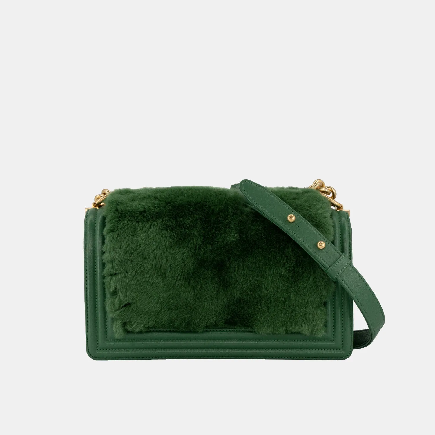 Chanel Medium Boy Flap Bag in Green Rabbit Fur and Lambskin with Gold Hardware