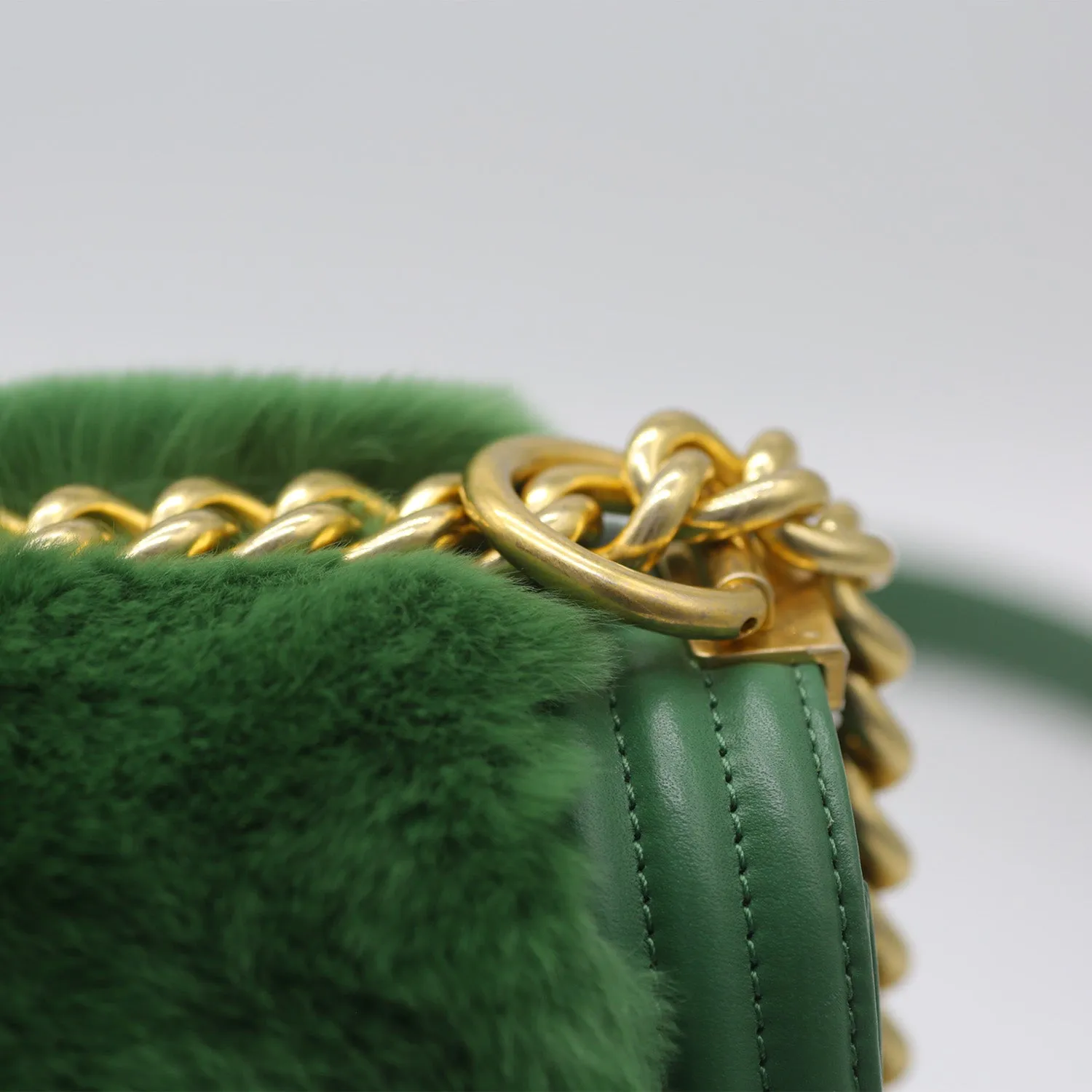 Chanel Medium Boy Flap Bag in Green Rabbit Fur and Lambskin with Gold Hardware
