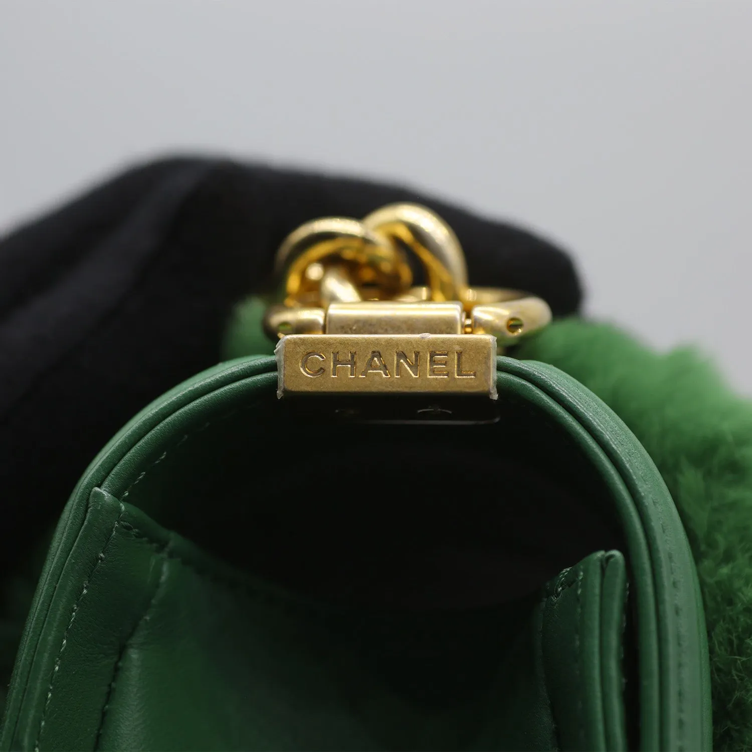 Chanel Medium Boy Flap Bag in Green Rabbit Fur and Lambskin with Gold Hardware
