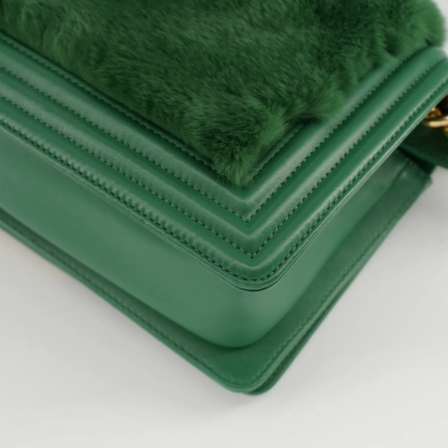 Chanel Medium Boy Flap Bag in Green Rabbit Fur and Lambskin with Gold Hardware