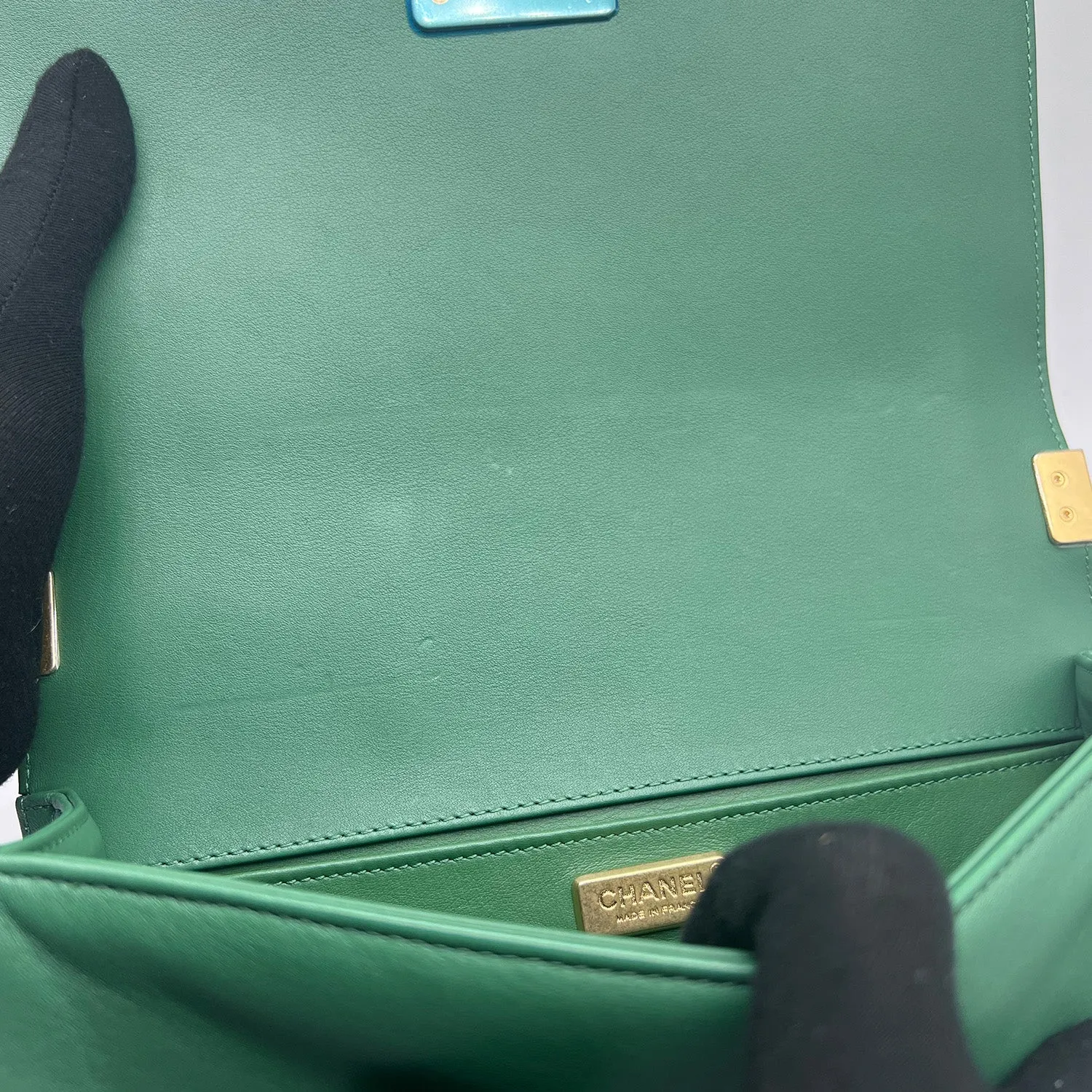 Chanel Medium Boy Flap Bag in Green Rabbit Fur and Lambskin with Gold Hardware