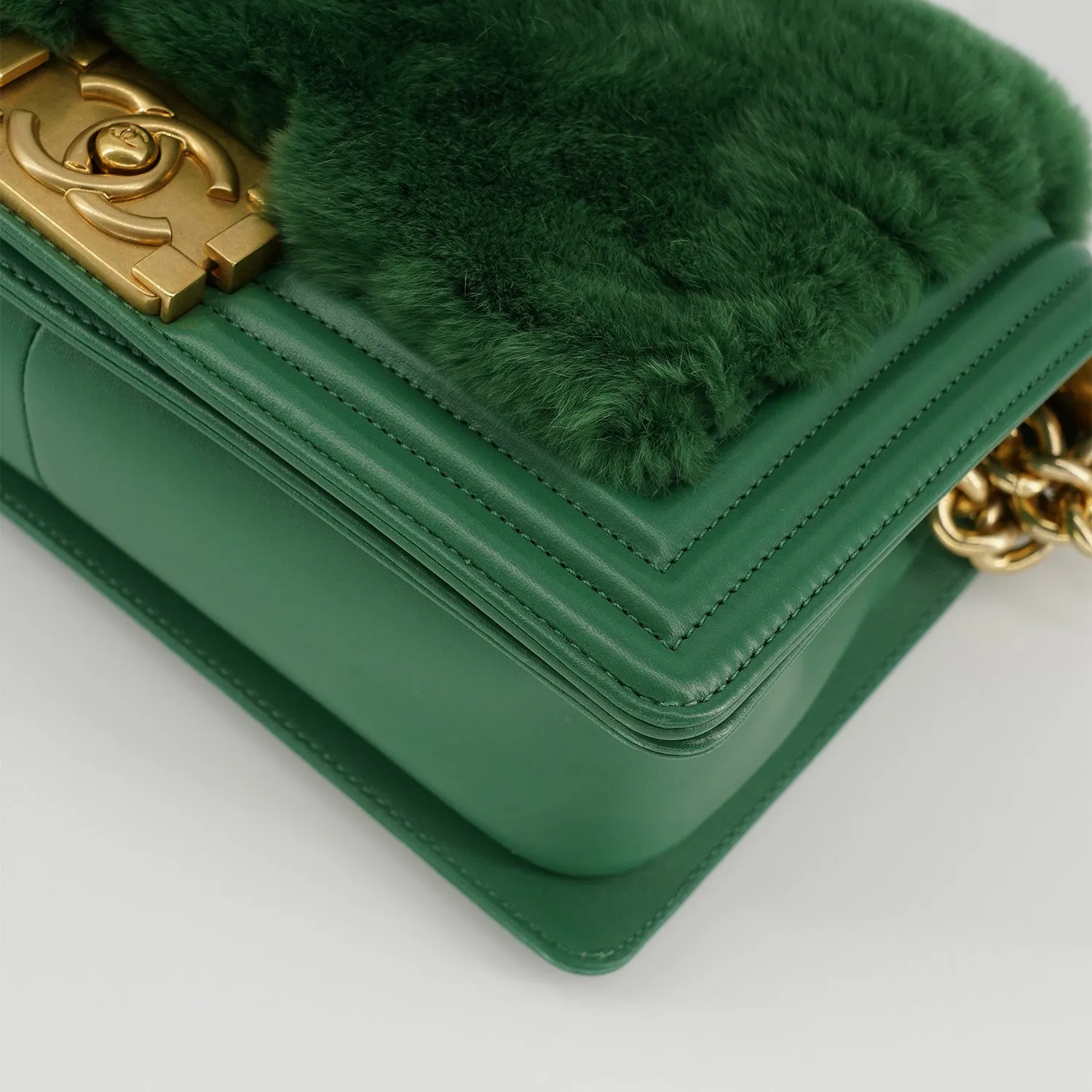 Chanel Medium Boy Flap Bag in Green Rabbit Fur and Lambskin with Gold Hardware