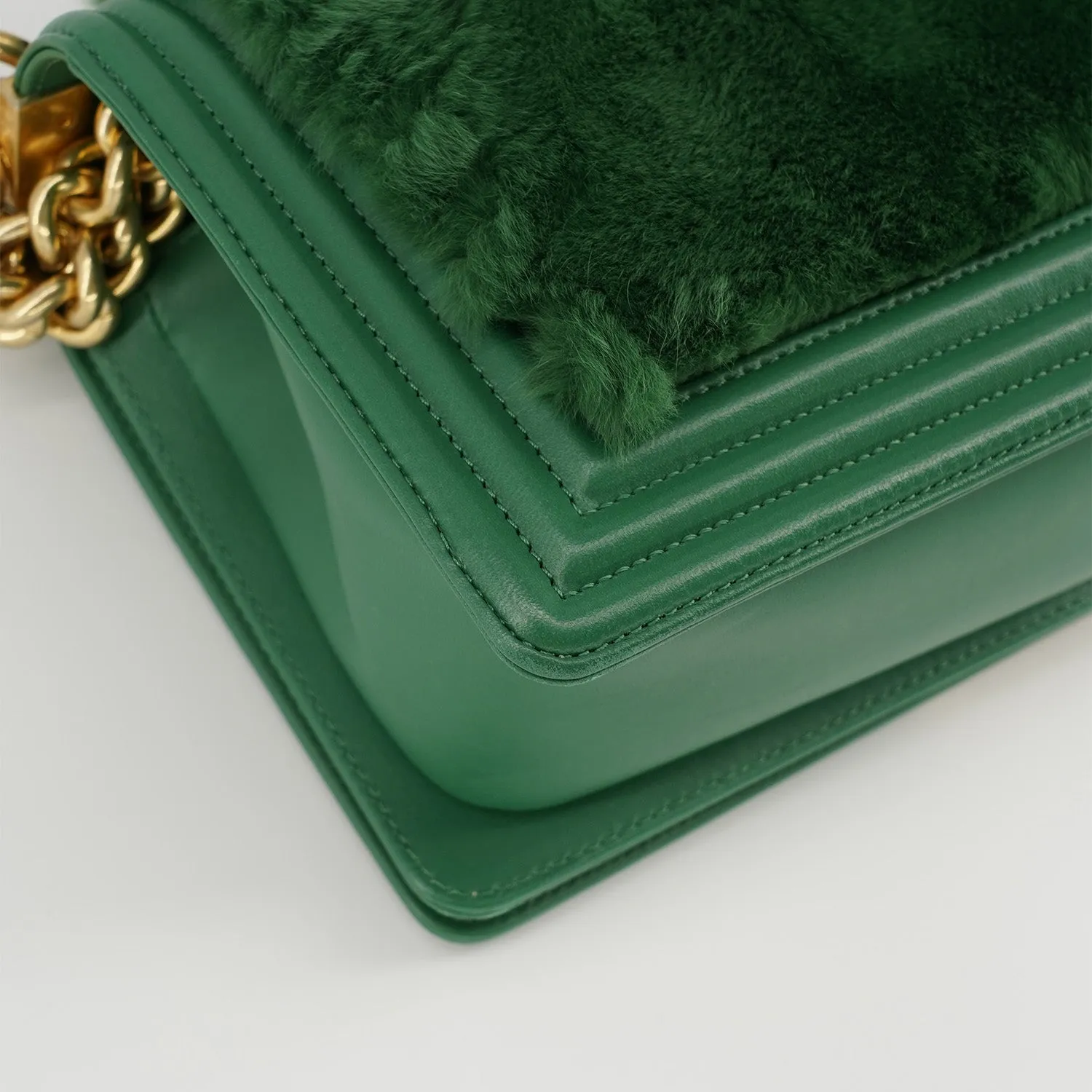 Chanel Medium Boy Flap Bag in Green Rabbit Fur and Lambskin with Gold Hardware