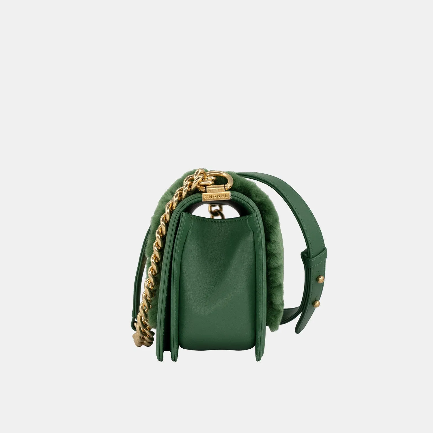 Chanel Medium Boy Flap Bag in Green Rabbit Fur and Lambskin with Gold Hardware