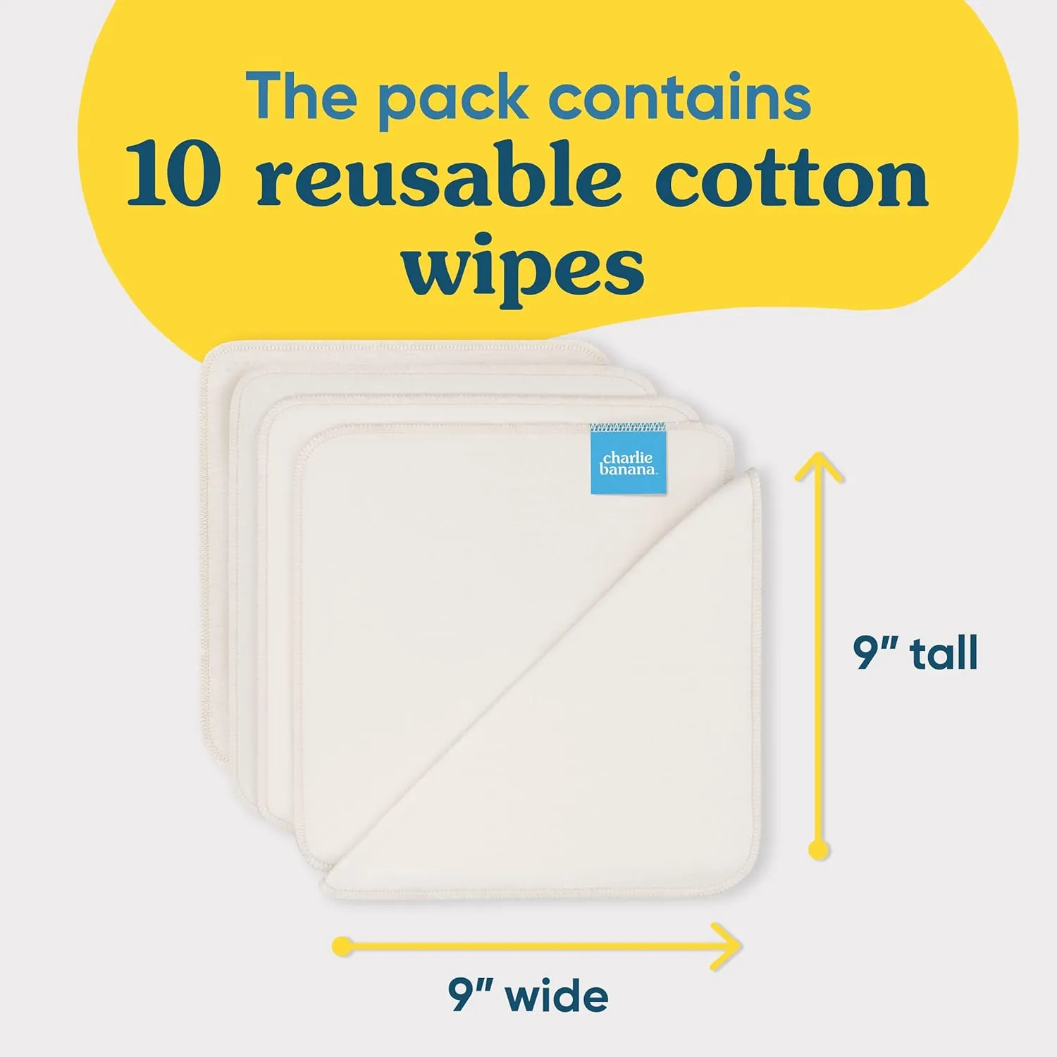 Charlie Banana Reusable 100% Cotton Baby Wipes, Super Soft and Washable, 10 Pack Reusable Cloth Wipes