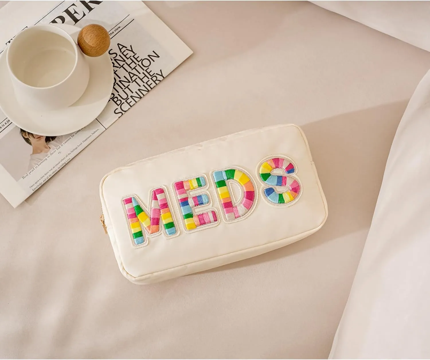Chenille Letter Patch Nylon Medicine Packages,Cute MEDS Travel Makeup Bag with Metal Zipper, First Aid Purse Organizer Cosmetic Bag for Women and Girls(01Beige)