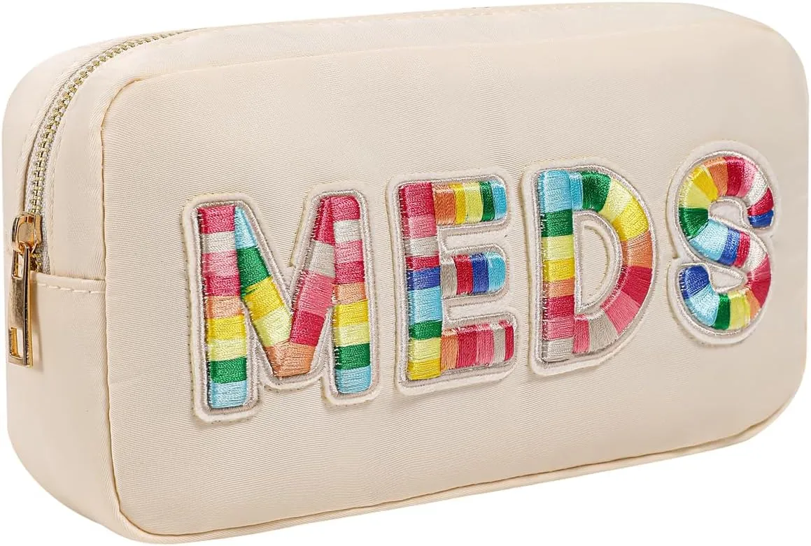 Chenille Letter Patch Nylon Medicine Packages,Cute MEDS Travel Makeup Bag with Metal Zipper, First Aid Purse Organizer Cosmetic Bag for Women and Girls(01Beige)
