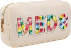 Chenille Letter Patch Nylon Medicine Packages,Cute MEDS Travel Makeup Bag with Metal Zipper, First Aid Purse Organizer Cosmetic Bag for Women and Girls(01Beige)