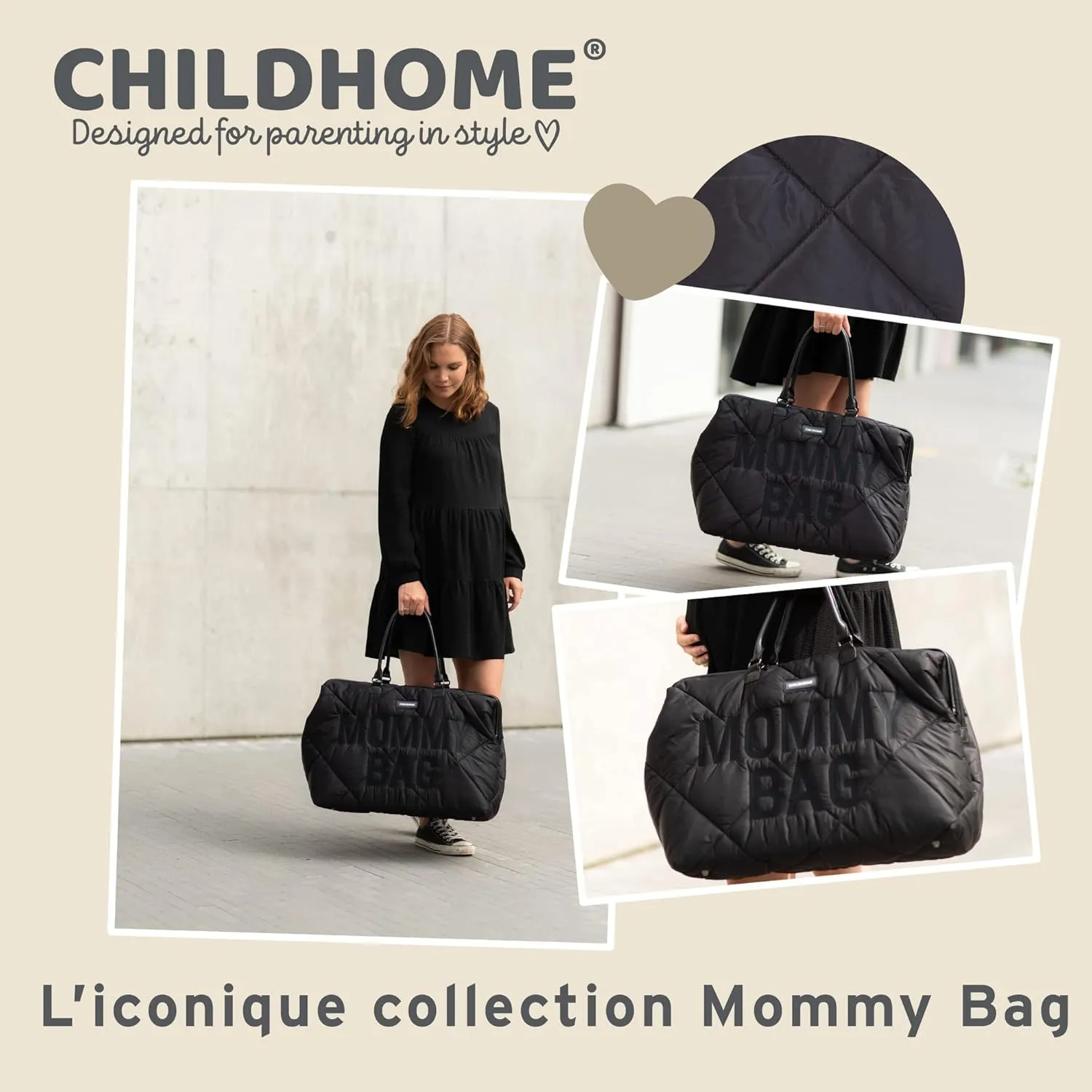 Childhome Original Mommy Diaper Bag - Large Tote, Hospital & Travel Bag - Black