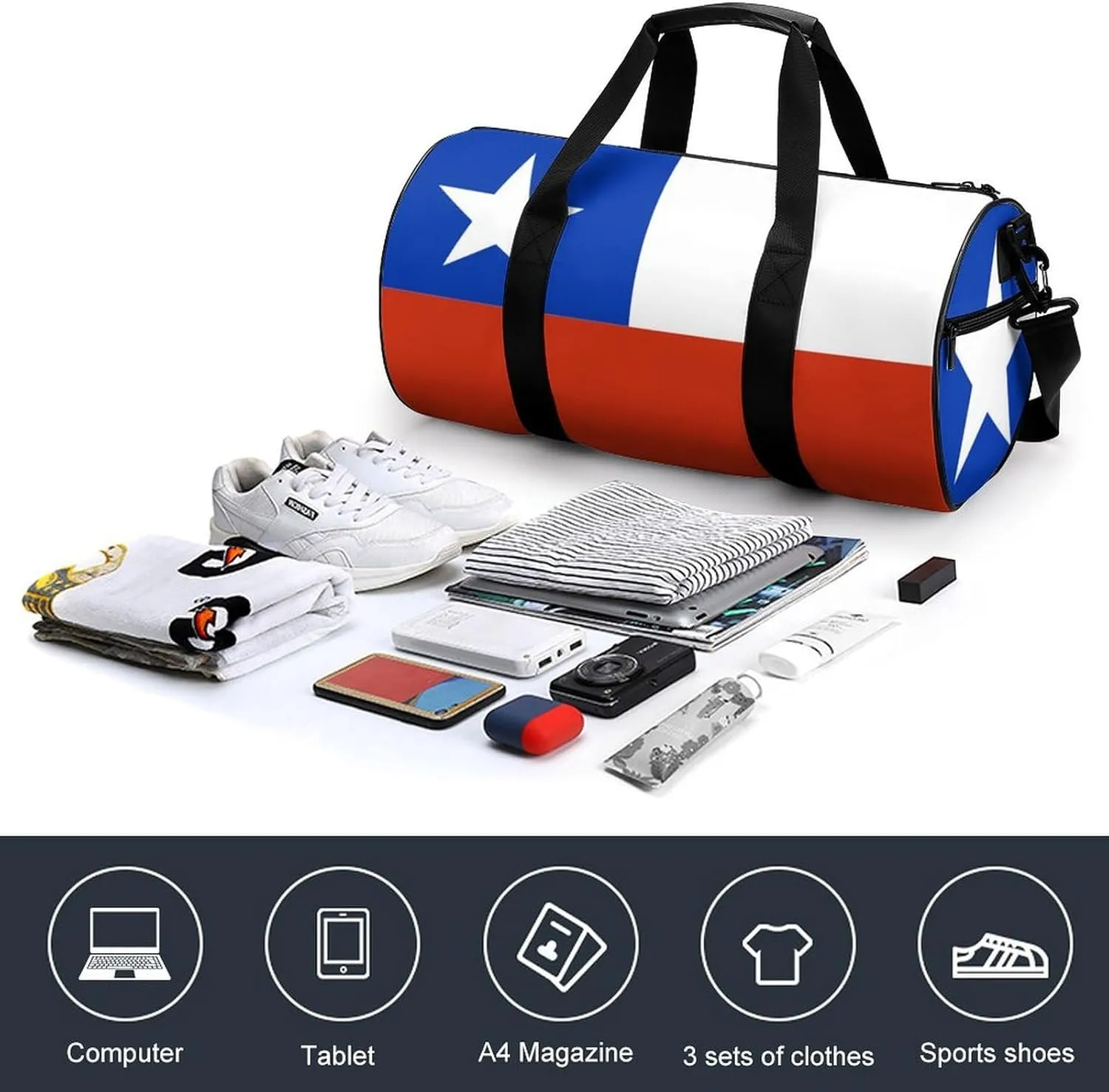 Chile Flag Sports Gym Bag for Boys Girls with Wet Pocket Travel Duffel Tote