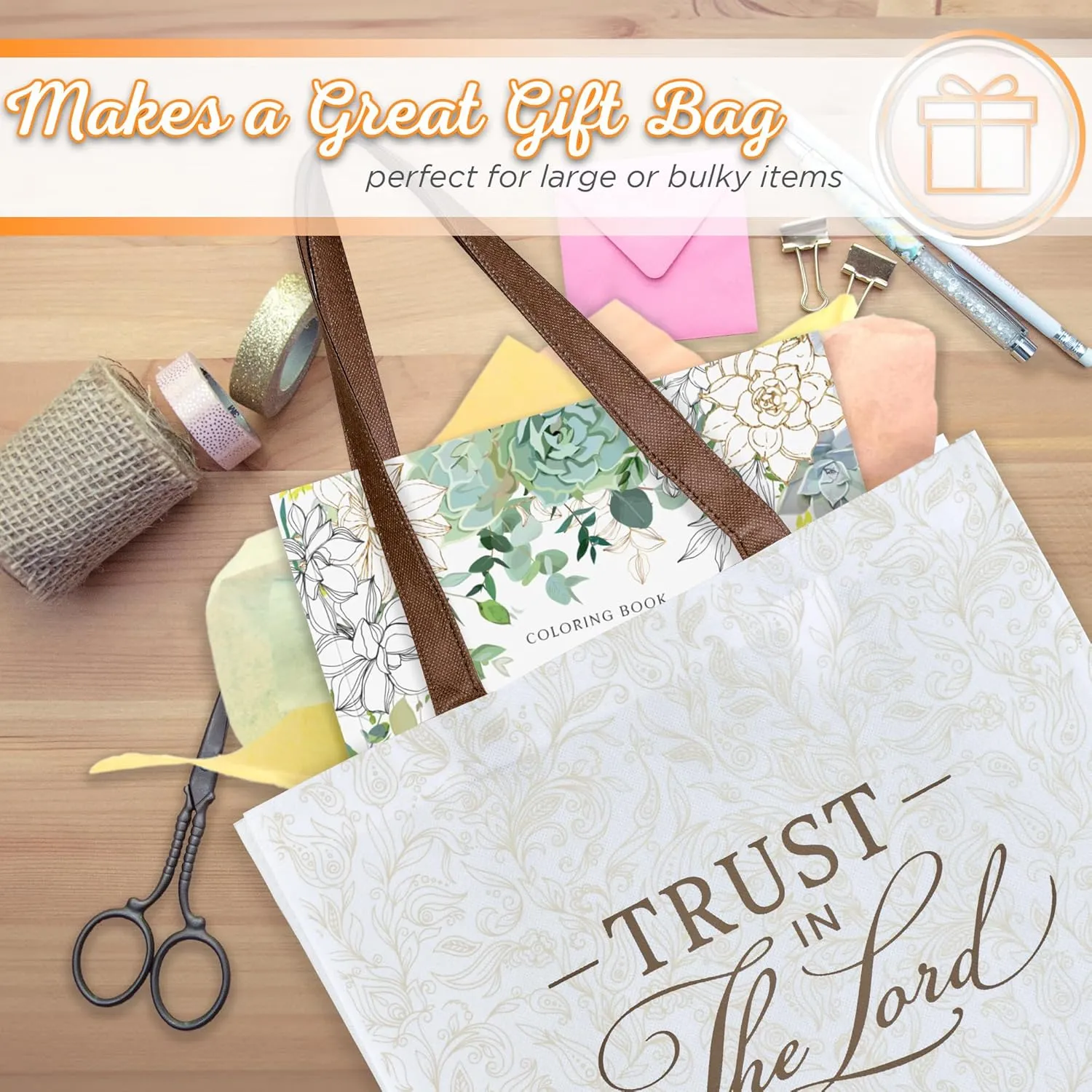 Christian Art Gifts Reusable Fashion Shopping Tote Bag for Women: Trust in the Lord - Proverbs 3:5 Inspirational Bible Verse Durable Handbag for Travel, Groceries, Books, Supplies, White/Beige/Brown