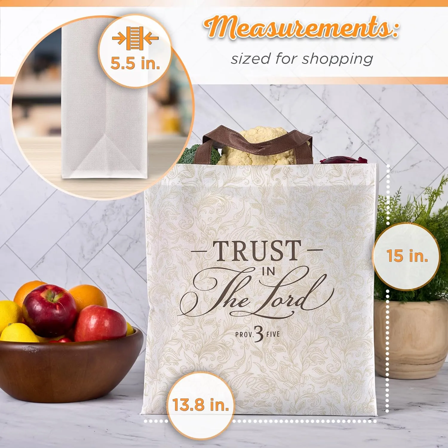 Christian Art Gifts Reusable Fashion Shopping Tote Bag for Women: Trust in the Lord - Proverbs 3:5 Inspirational Bible Verse Durable Handbag for Travel, Groceries, Books, Supplies, White/Beige/Brown