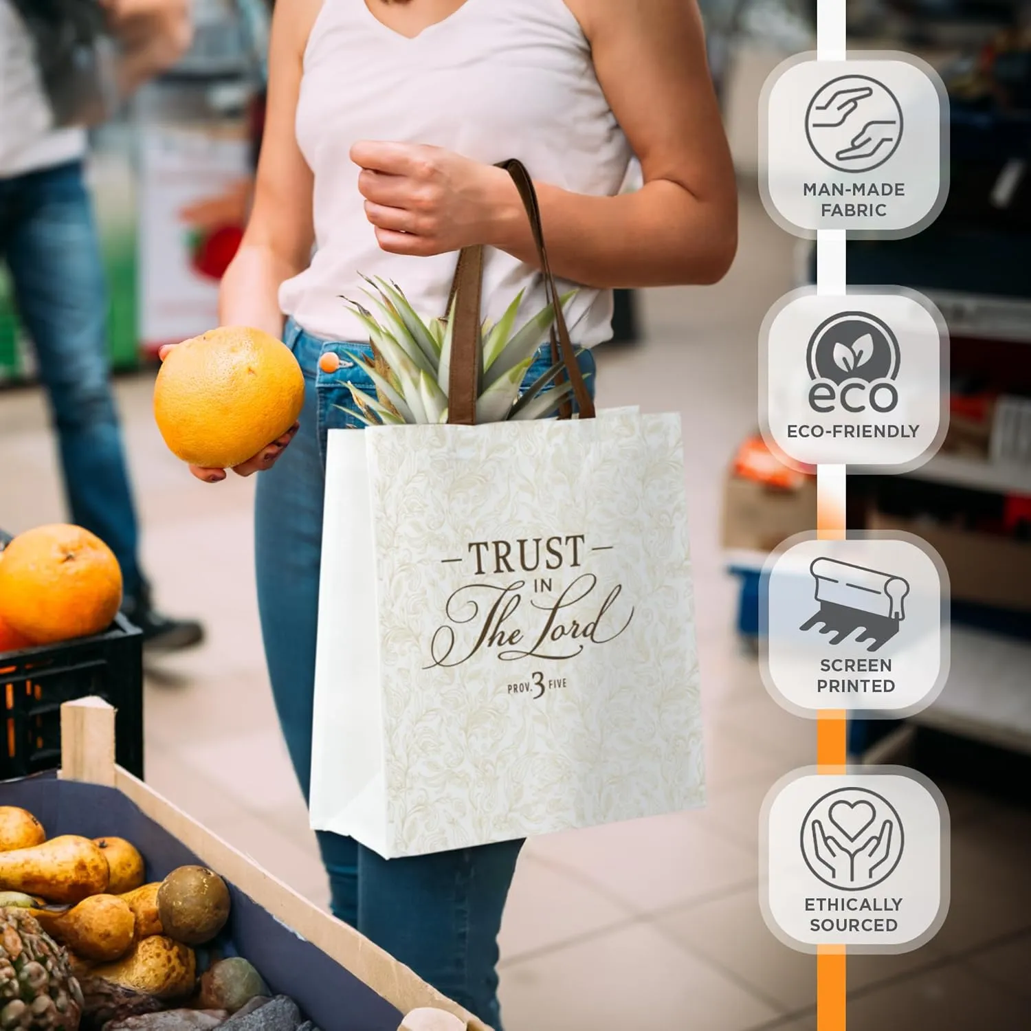 Christian Art Gifts Reusable Fashion Shopping Tote Bag for Women: Trust in the Lord - Proverbs 3:5 Inspirational Bible Verse Durable Handbag for Travel, Groceries, Books, Supplies, White/Beige/Brown