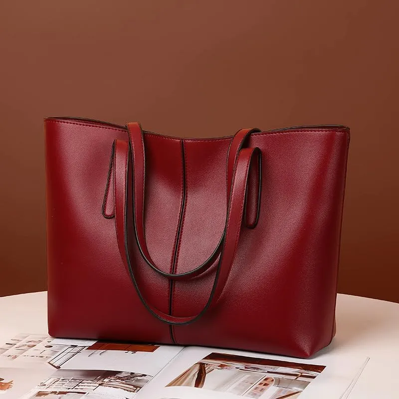 Classic Leather Tote Bag, Large Capacity Shoulder Handbag for Women, Available in Black, Green, Red, Silver
