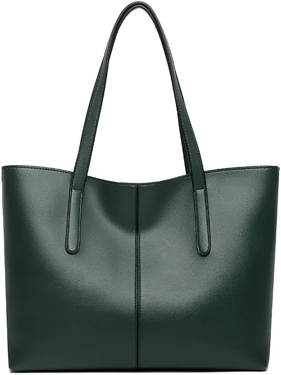 Classic Leather Tote Bag, Large Capacity Shoulder Handbag for Women, Available in Black, Green, Red, Silver