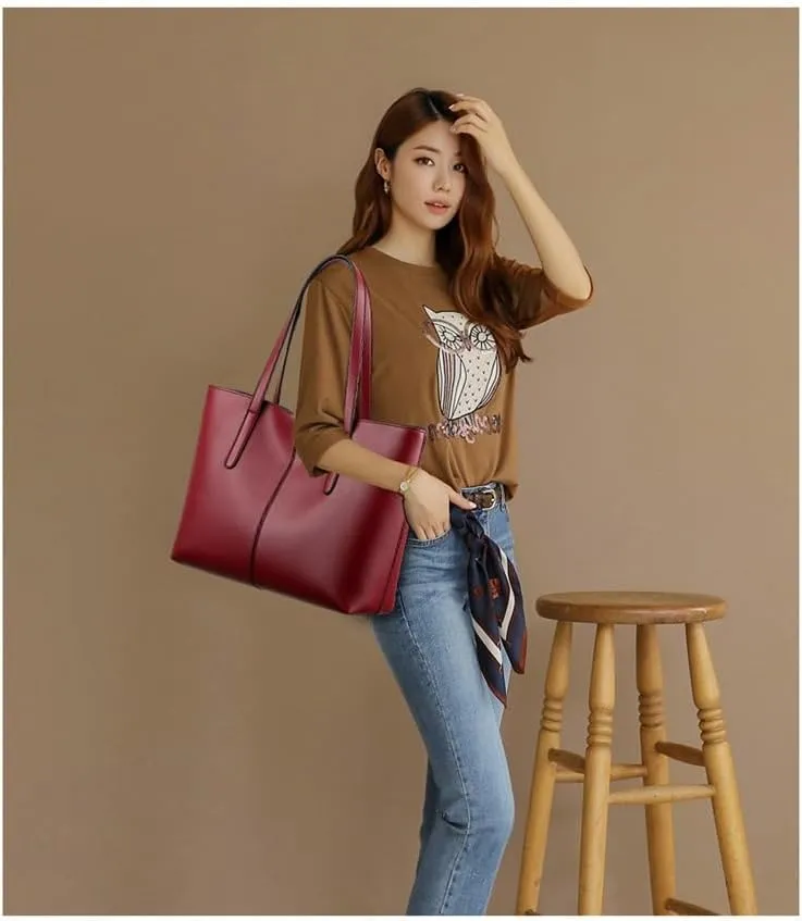 Classic Leather Tote Bag, Large Capacity Shoulder Handbag for Women, Available in Black, Green, Red, Silver
