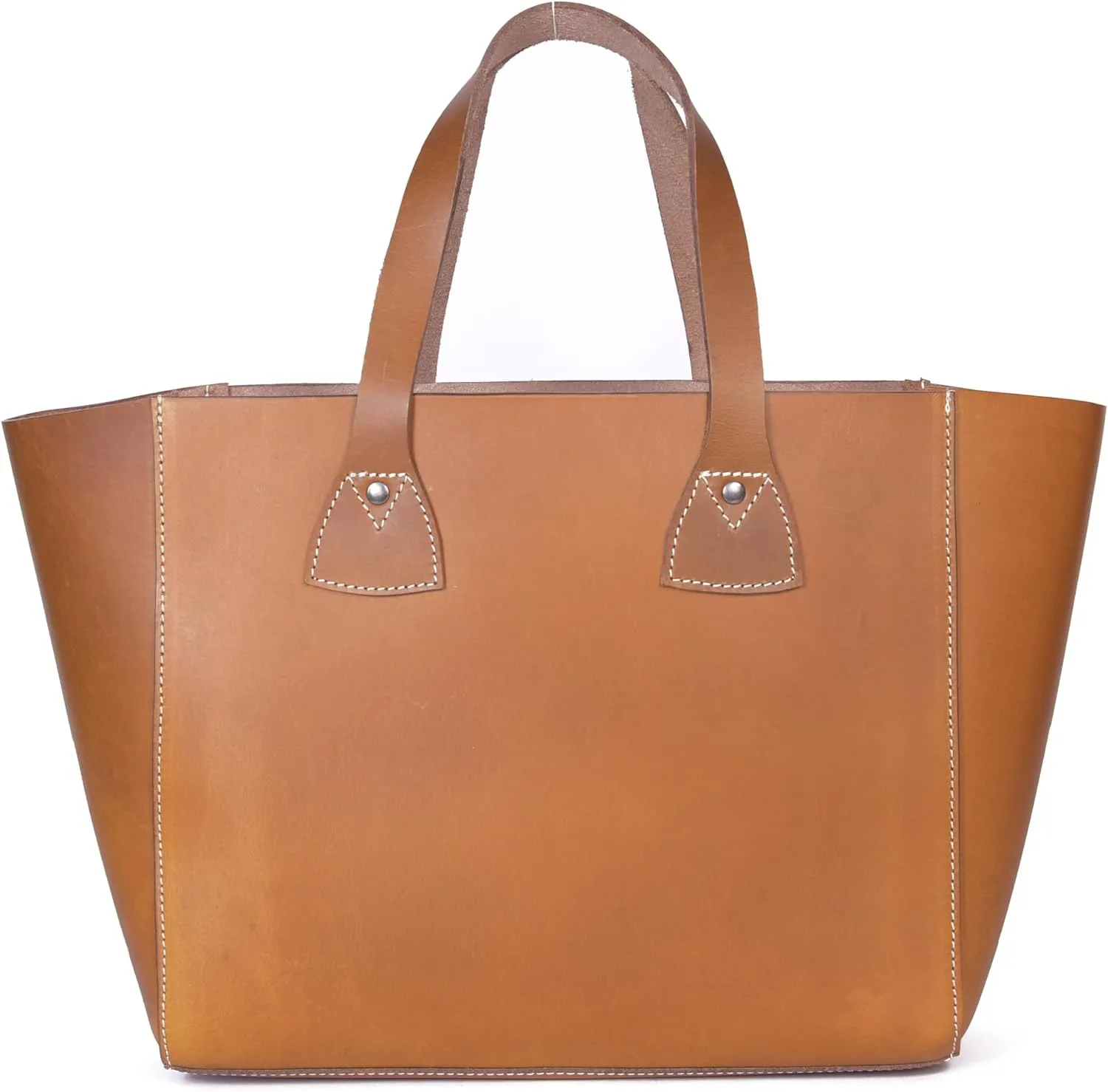 Classic Leather Tote Bag Raw Shopper Bag, Women's Handbag with Contrast Stitching, Tan