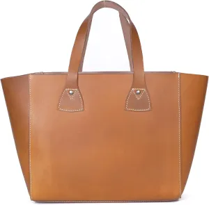 Classic Leather Tote Bag Raw Shopper Bag, Women's Handbag with Contrast Stitching, Tan