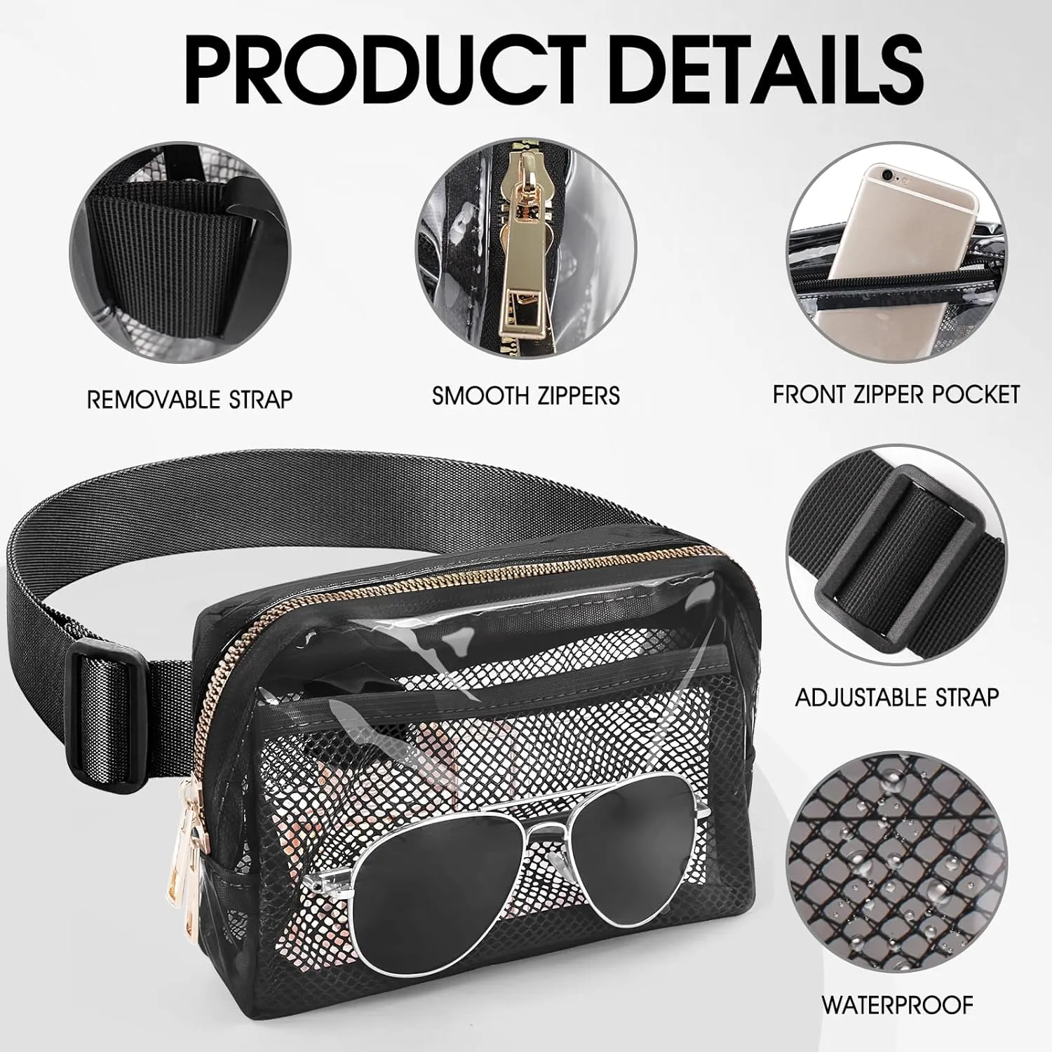 Clear Fanny Pack Belt Bag Stadium Approved for Women Men with Adjustable Strap Water-resistant Waist bag Clear Purse for Travel Workout Running Hiking(black)