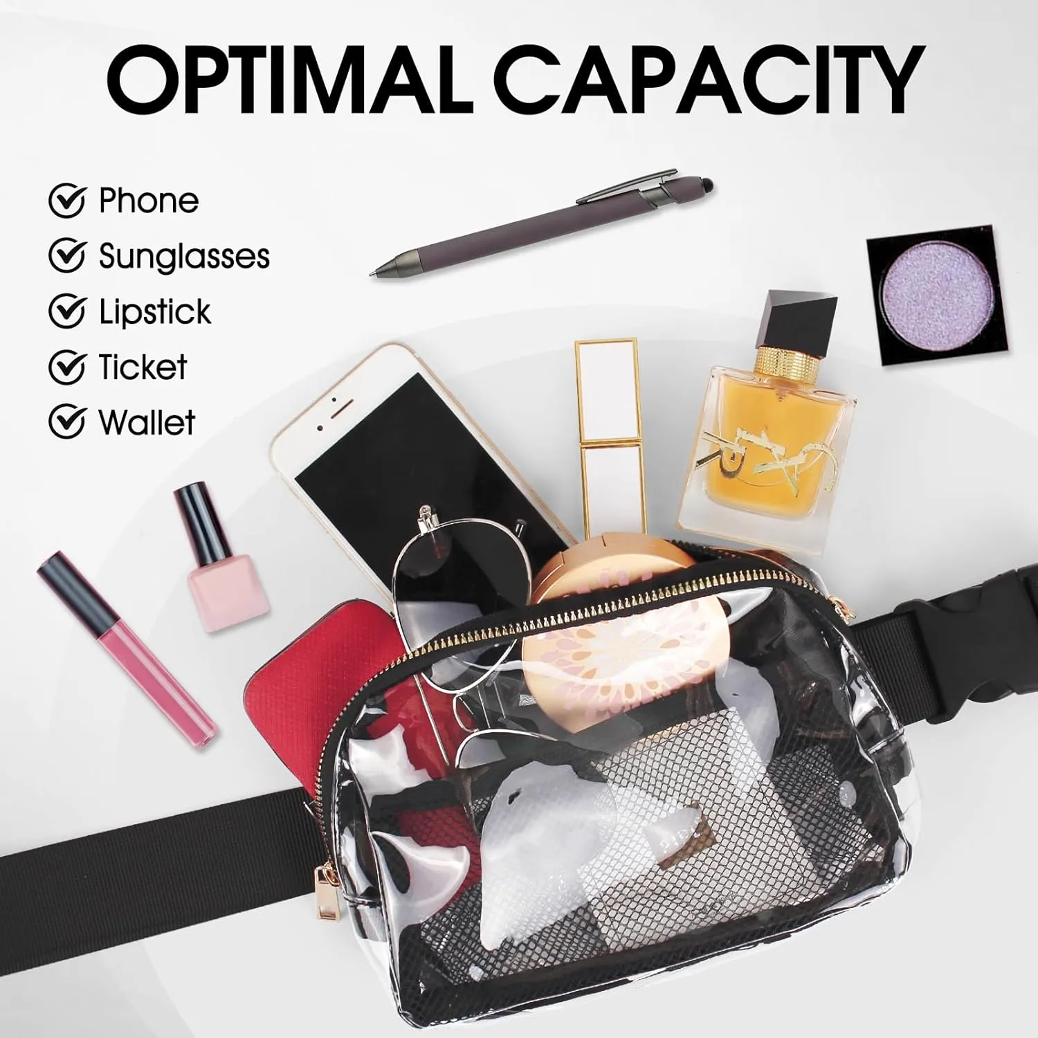 Clear Fanny Pack Belt Bag Stadium Approved for Women Men with Adjustable Strap Water-resistant Waist bag Clear Purse for Travel Workout Running Hiking(black)