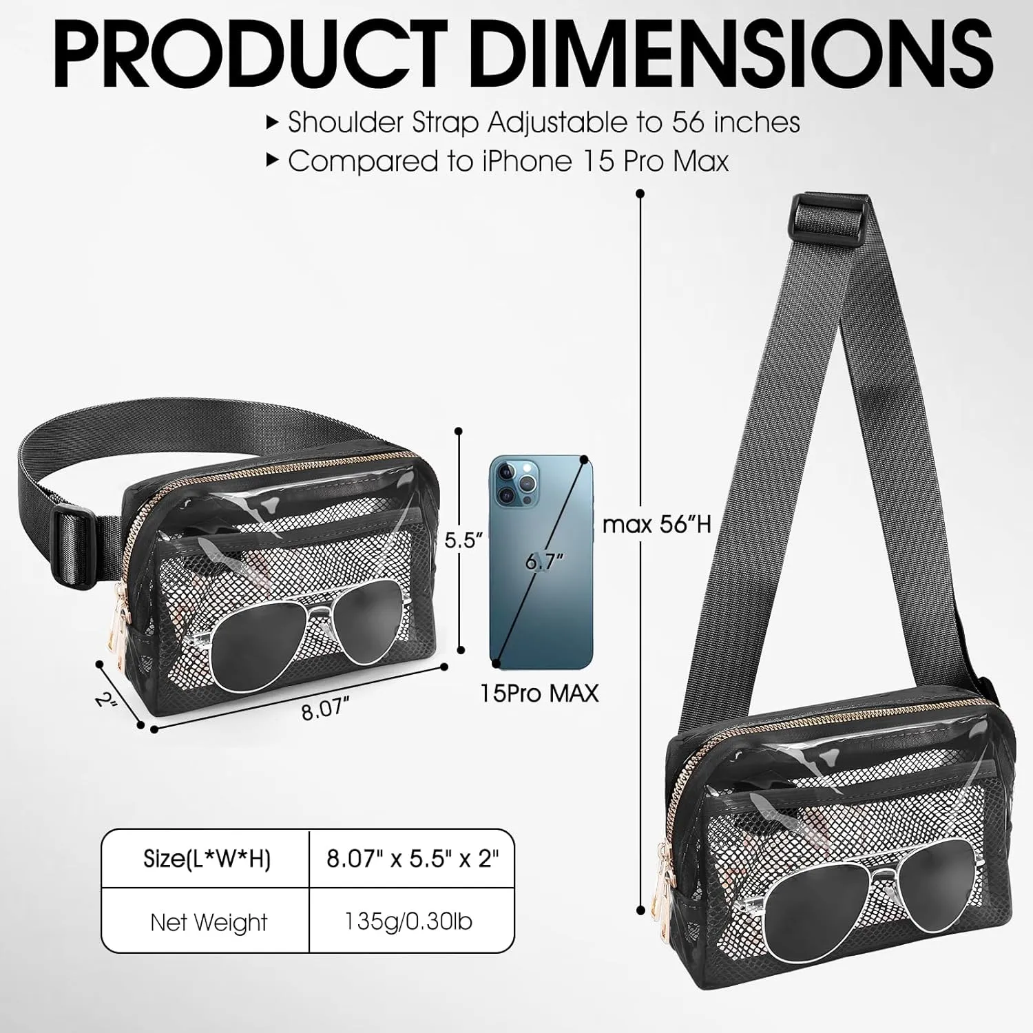 Clear Fanny Pack Belt Bag Stadium Approved for Women Men with Adjustable Strap Water-resistant Waist bag Clear Purse for Travel Workout Running Hiking(black)