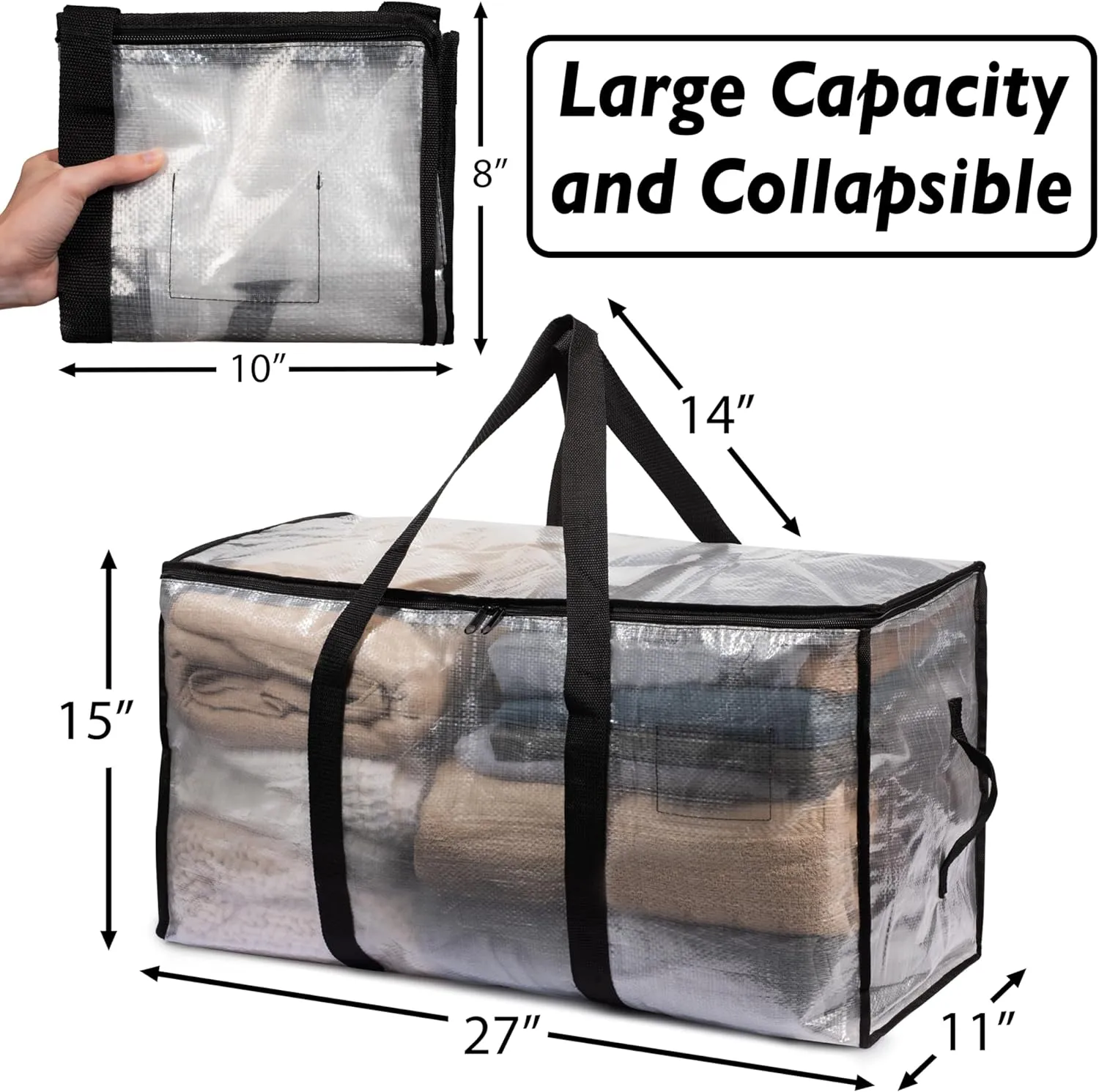 ClearSpace Heavy Duty Moving Bags or Storage Bags – Clear Storage Bins with Lids, Large Moving Boxes with Backpack Straps & Zippers – Packing Bags & Moving Supplies for College Dorm, 8 Pack