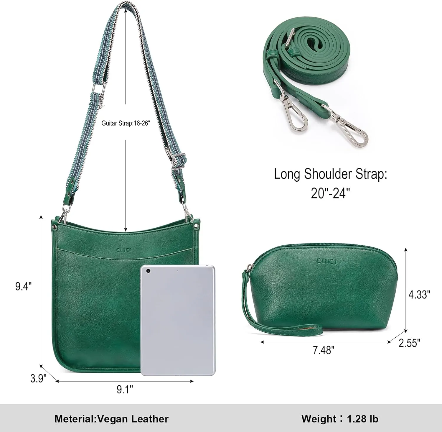 CLUCI Purses for Women, Vegen Leather Crossbody Bags for Woman Trendy, 2PCS Hobo Handbag with 2 Adjustable Guitar Strap