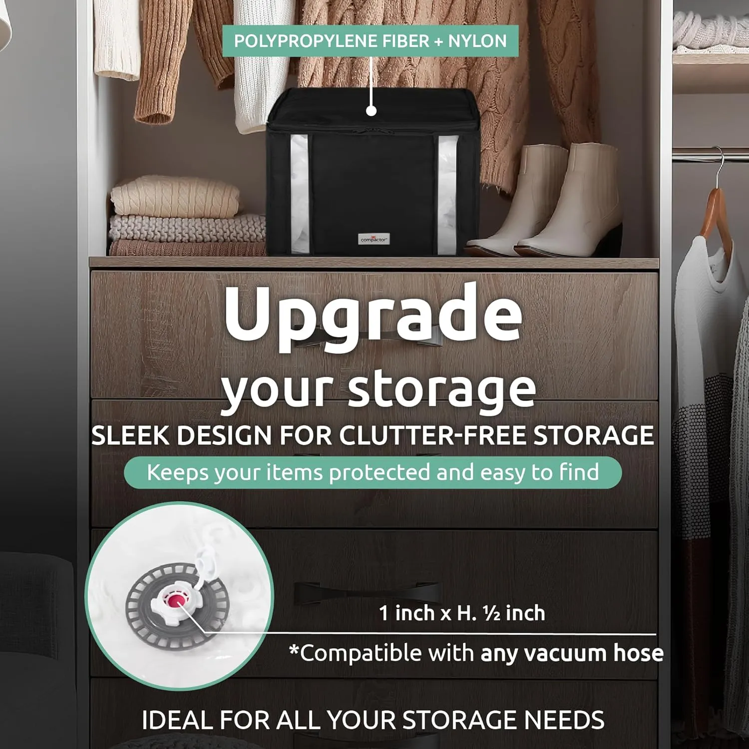 Compactor Vacuum Storage Bag M | Space Saver Vacuum Storage Bags for Clothes, Comforters & Blankets | Ultimate Storage Solution for Wardrobe | Black Semi-Rigid Box |