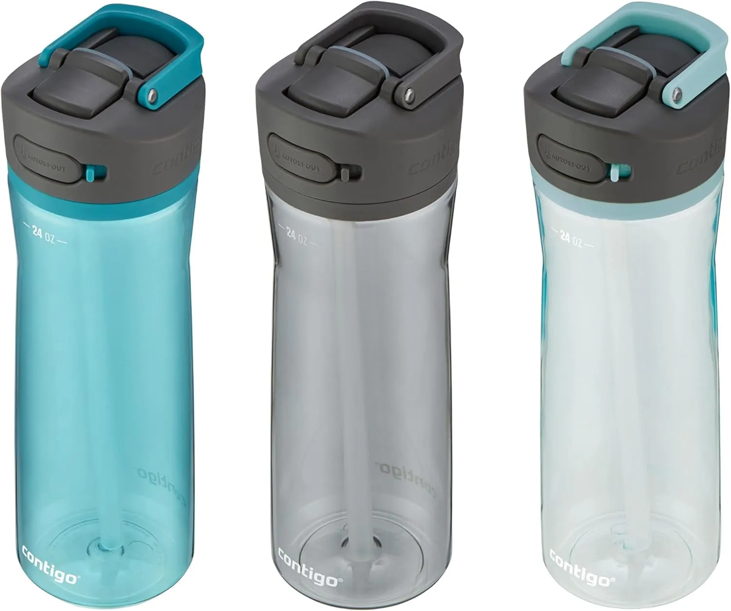 Contigo Ashland 2.0 Leak-Proof & Dishwasher-Safe Water Bottle, Lid Locked & Angled Straw Feature, Interchangeable Lid, 24oz 3-Pack, Colors: Juniper/Sake/Bubble Tea