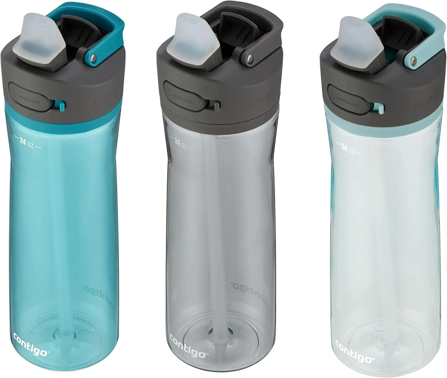 Contigo Ashland 2.0 Leak-Proof & Dishwasher-Safe Water Bottle, Lid Locked & Angled Straw Feature, Interchangeable Lid, 24oz 3-Pack, Colors: Juniper/Sake/Bubble Tea
