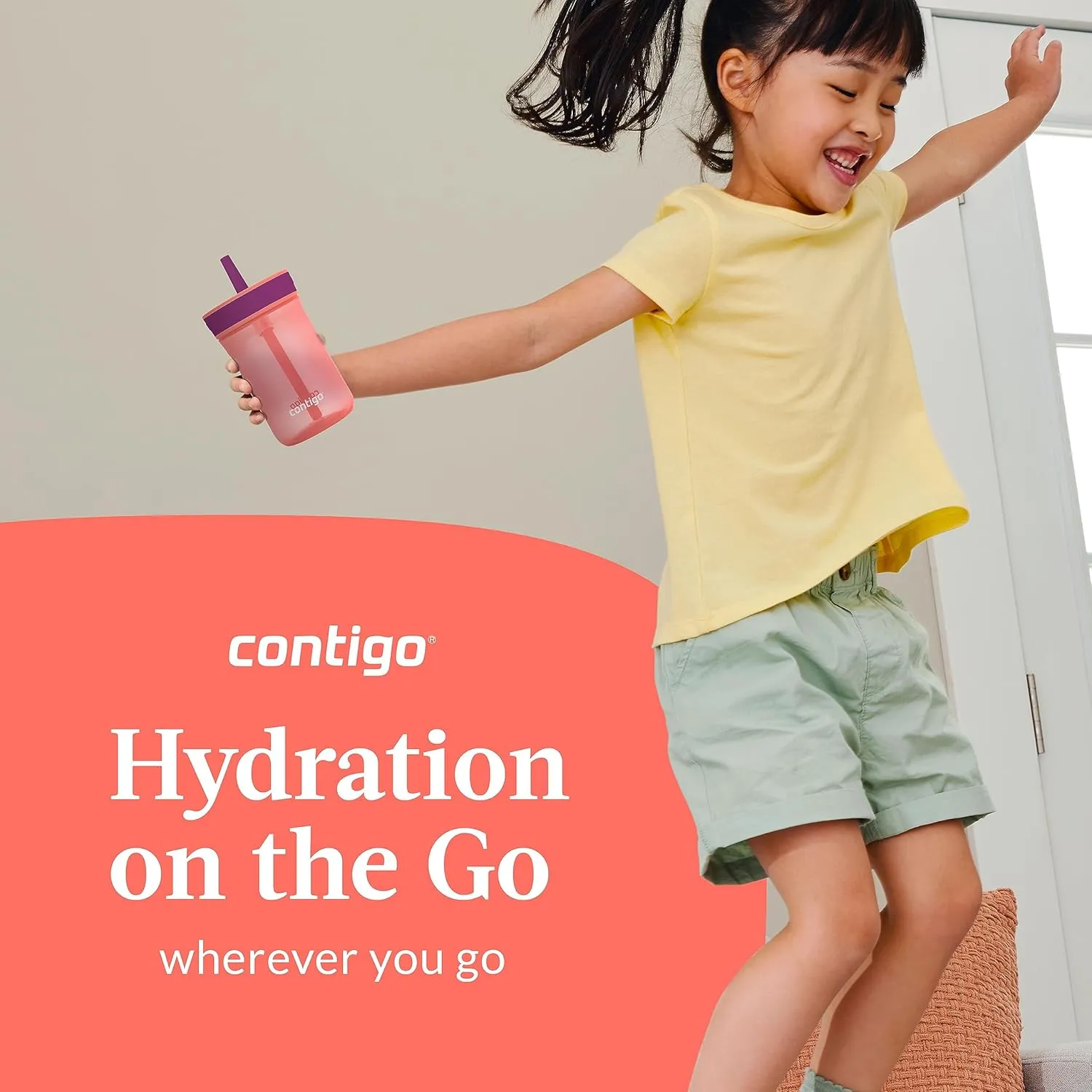 Contigo Kids’ Leighton Straw Tumbler with Spill-Proof Leak-Proof Lid, 14oz, Coral/Grape