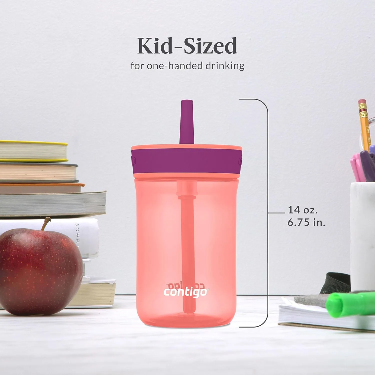 Contigo Kids’ Leighton Straw Tumbler with Spill-Proof Leak-Proof Lid, 14oz, Coral/Grape