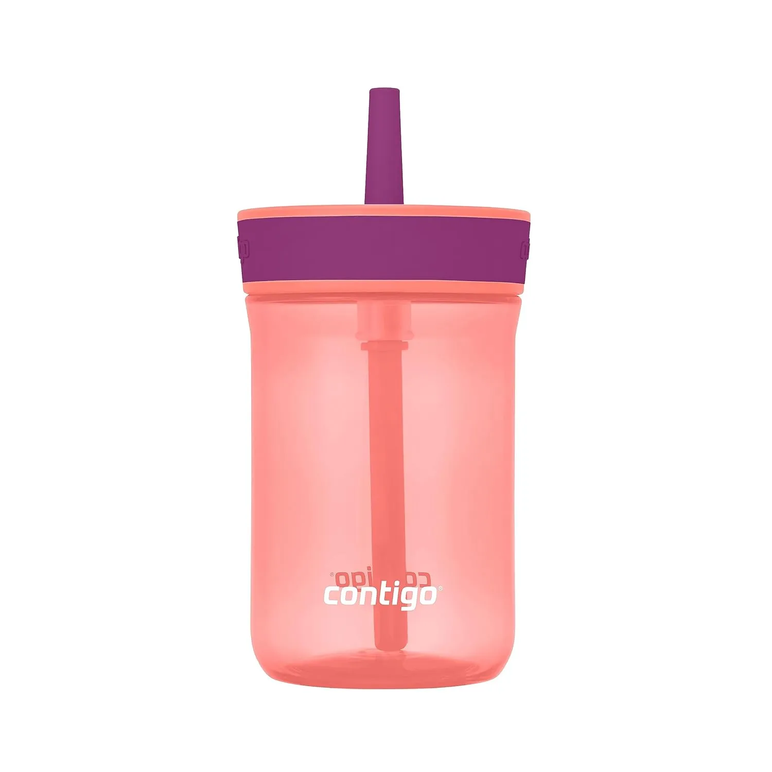 Contigo Kids’ Leighton Straw Tumbler with Spill-Proof Leak-Proof Lid, 14oz, Coral/Grape