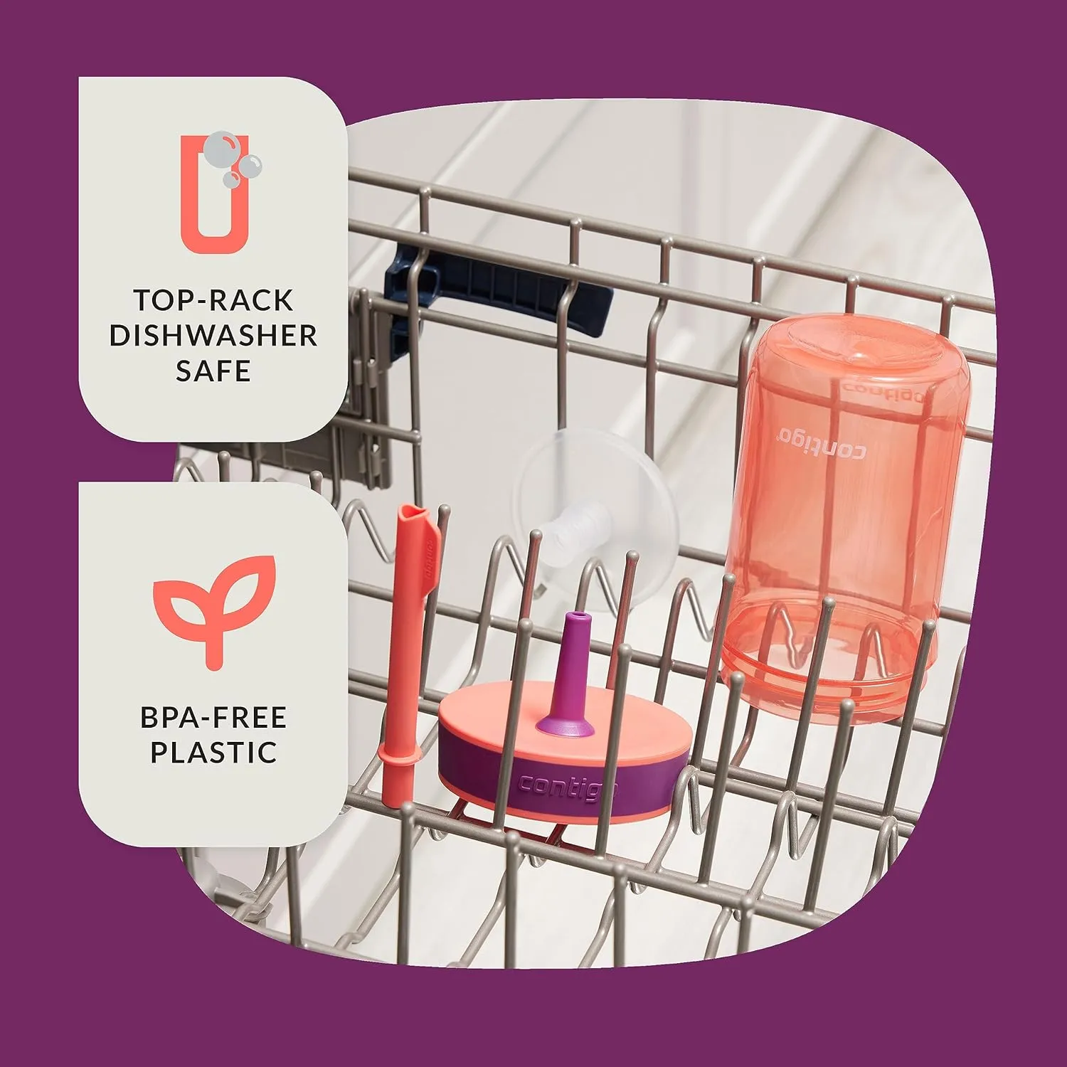 Contigo Kids’ Leighton Straw Tumbler with Spill-Proof Leak-Proof Lid, 14oz, Coral/Grape