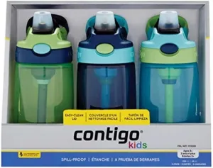 Contigo Kids Water Bottle, 14 oz with Autospout Technology – Spill Proof, Easy-Clean Lid Design – Ages 3 Plus, Top Rack Dishwasher Safe, 3-Pack, Green / Blue, blue green