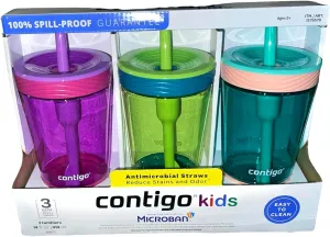 Contigo Spill-Proof Kids Tumbler, 3-Pack, Pink, Green, Aqua, Comes with Customized Bryant Supplies, LLC Pen,14 ounce