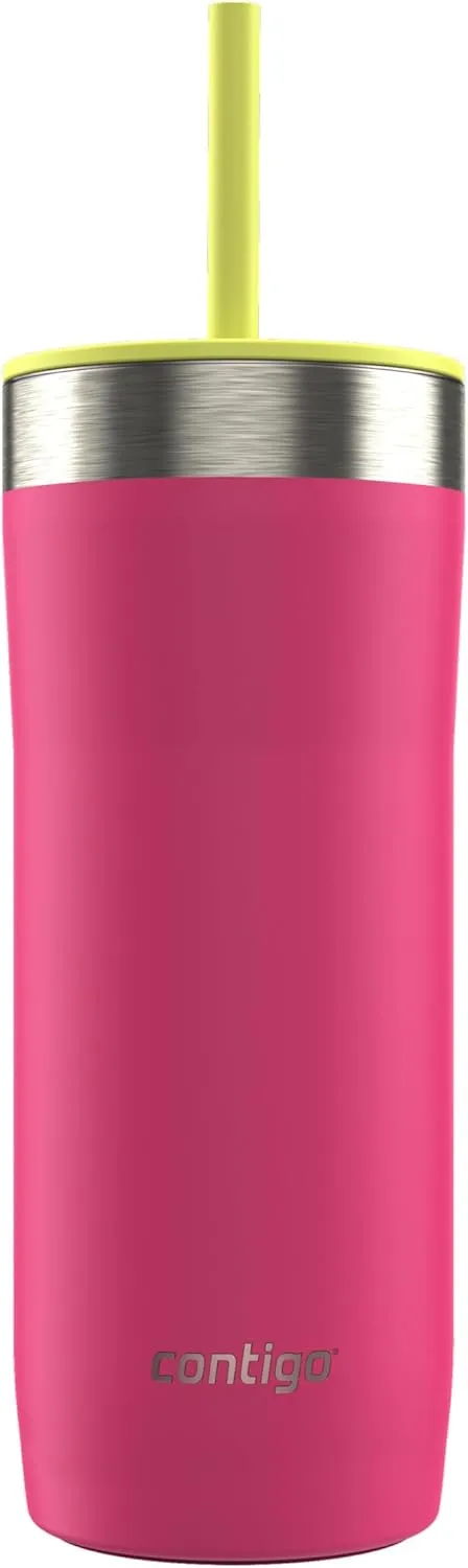 Contigo Streeterville Stainless Steel Vacuum-Insulated Tumbler with Straw and Splash-Proof Slider Lid, Keeps Drinks Hot up to 8hrs or Cold for 24hrs, Great for Travel/Work/School, 24oz Wildberry