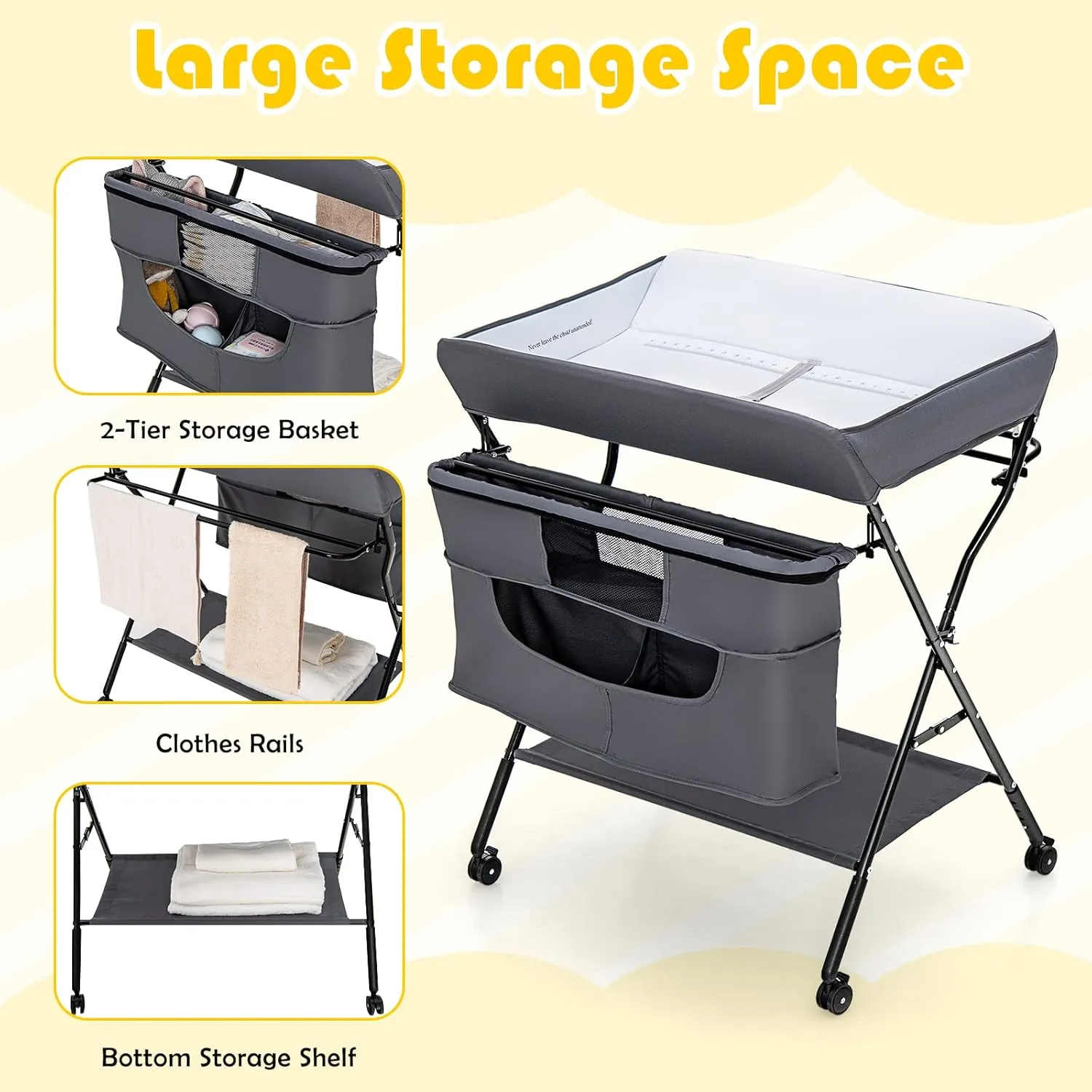 Costzon Baby Changing Table, Adjustable Height Portable Diaper Station w/Lockable Wheels, Safety Belt, Large Storage Rack & Bag, Folding Nursery Station for Infant Newborn (Grey)