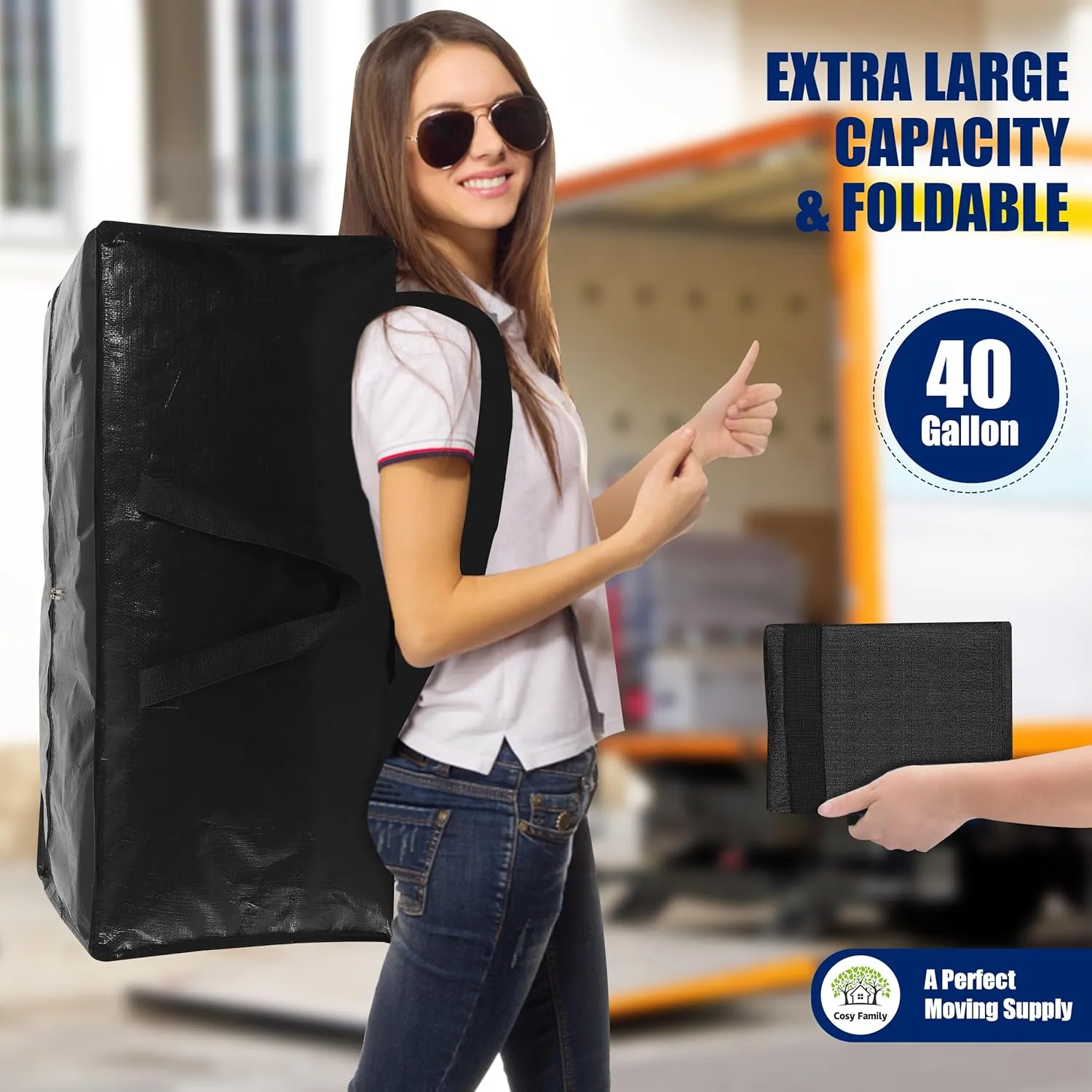 Cosy Family 8 Pack Heavy Duty Extra Large Moving Bags with Backpack Straps - Strong Handles & Zippers, Storage Totes For Space Saving, Fold Flat, Alternative to Moving Box (40 gal, Black)