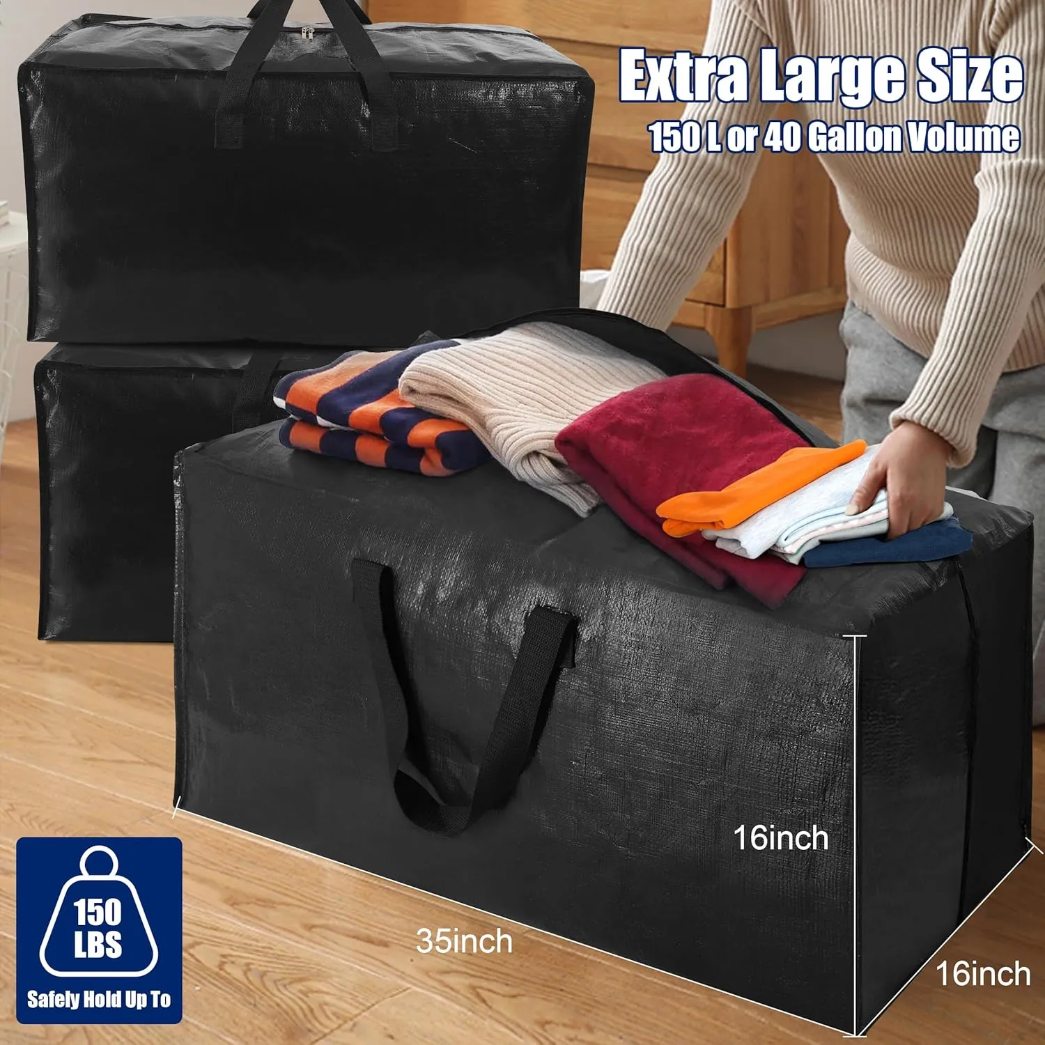 Cosy Family 8 Pack Heavy Duty Extra Large Moving Bags with Backpack Straps - Strong Handles & Zippers, Storage Totes For Space Saving, Fold Flat, Alternative to Moving Box (40 gal, Black)