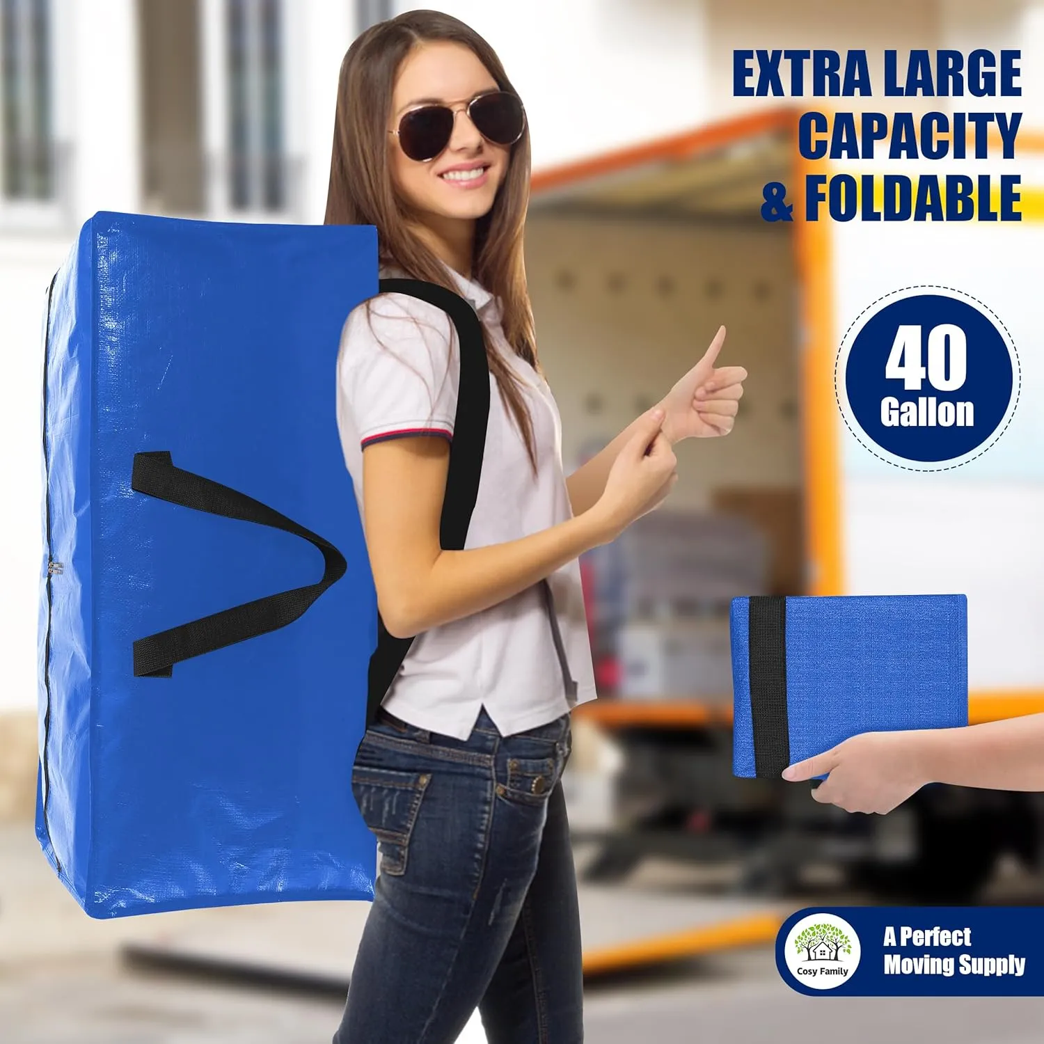 Cosy Family 8 Pack Heavy Duty Extra Large Moving Bags with Backpack Straps - Strong Handles & Zippers, Storage Totes For Space Saving, Fold Flat, Alternative to Moving Box (40 gal, Multicolored)