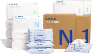 Coterie Baby Wipes   Diapers Kit, Size 1 (198 Count) & Size Newborn Diapers (93 Count), 4 Pack (224) Wipes with 99% Water, Plant Based Materials, Hypoallergenic for Sensitive Skin, Baby Essentials